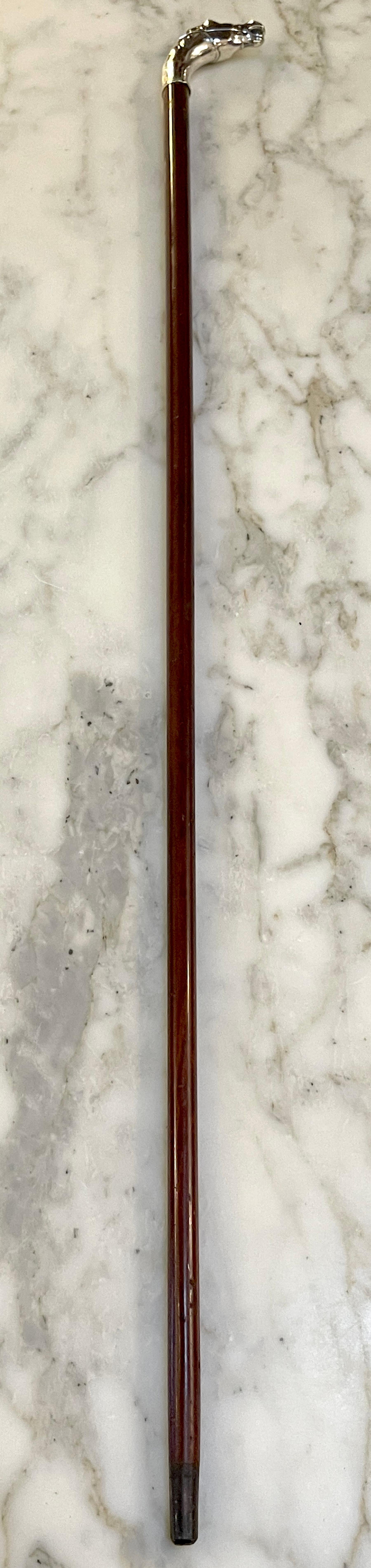 Sporting Art American Sterling Handled Bridled Race Horse Cane/ Walking Stick, Circa 1920
