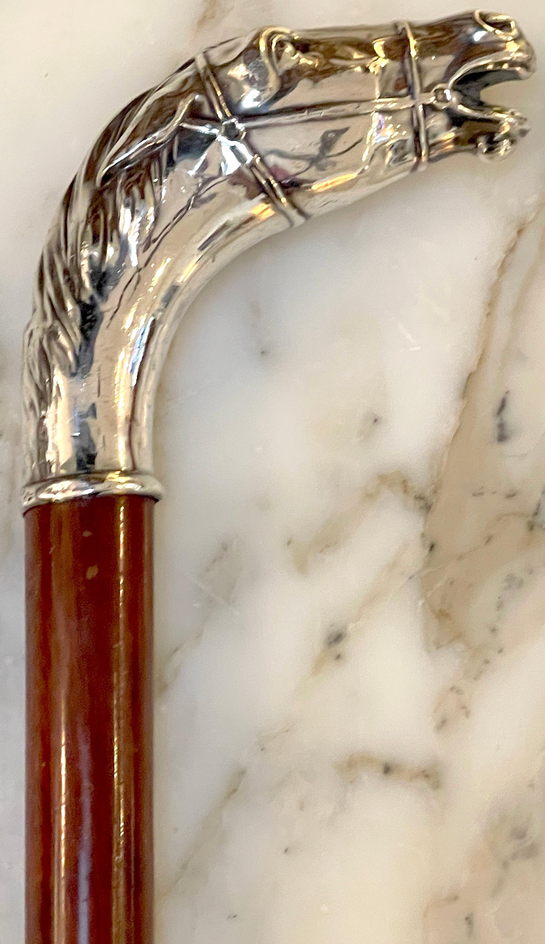 Cast American Sterling Handled Bridled Race Horse Cane/ Walking Stick, Circa 1920