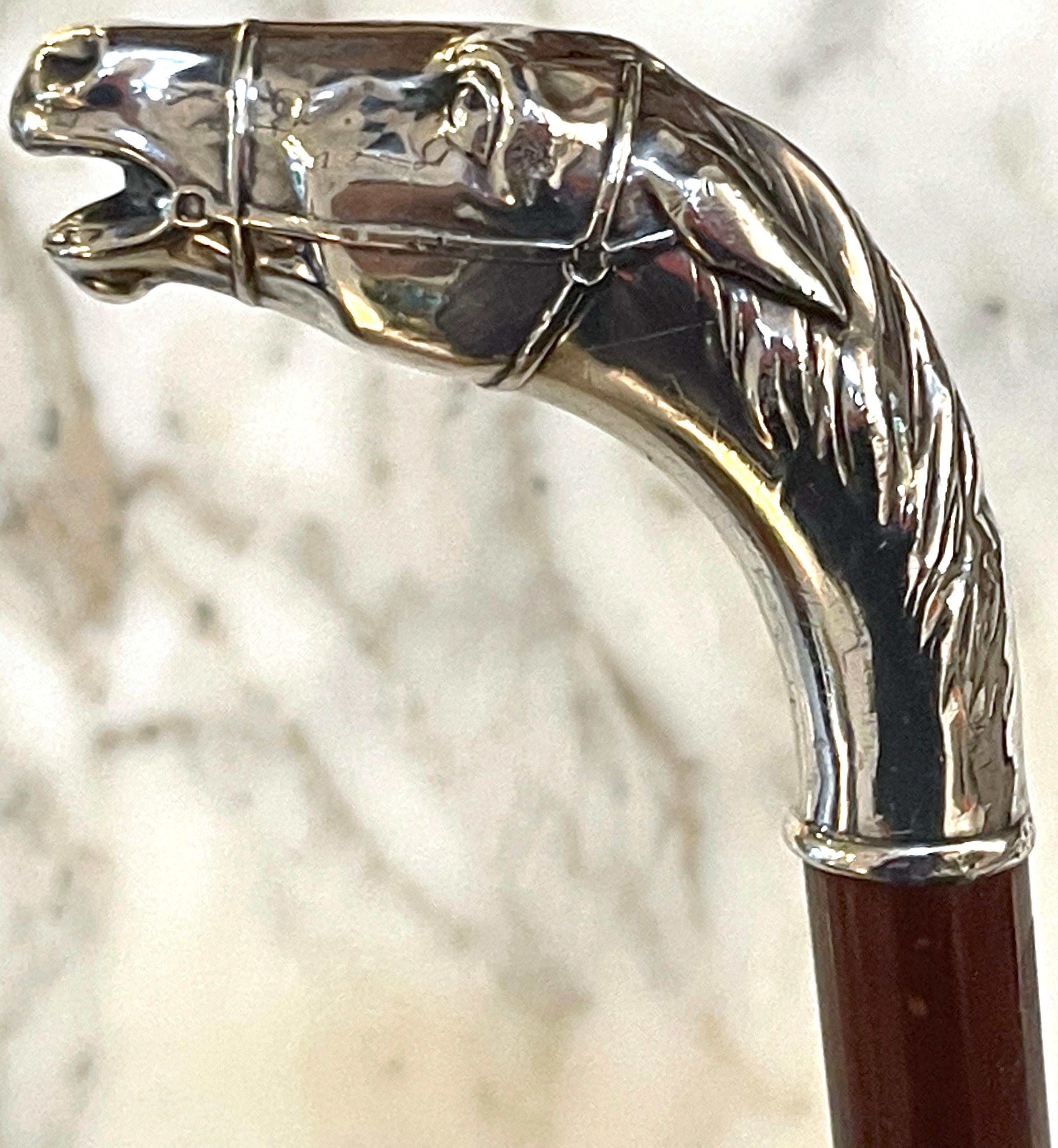 American Sterling Handled Bridled Race Horse Cane/ Walking Stick, Circa 1920 1