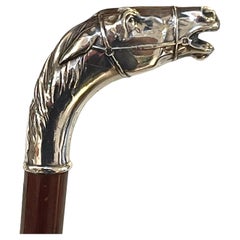 Antique American Sterling Handled Bridled Race Horse Cane/ Walking Stick, Circa 1920