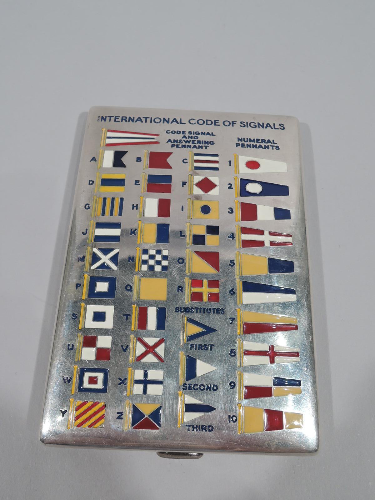 Nautical sterling silver and enamel cigarette case. Made by Thomae in Attleboro, circa 1950. Rectangular and hinged. On cover are enameled the International Code of Signals, bright and colorful shapes communicating important messages to savvy