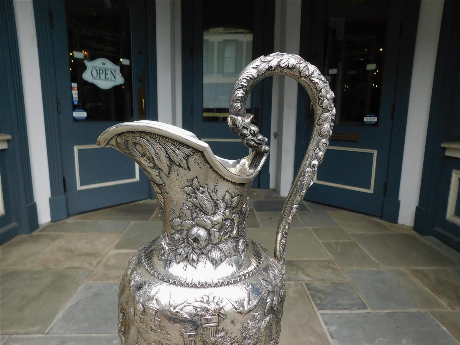 American Sterling Silver Figural & Foliage Embossed Wine Pitcher Kirk & Son 1880 For Sale 1