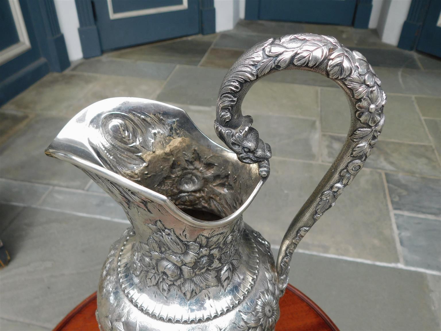 American Sterling Silver Figural & Foliage Embossed Wine Pitcher Kirk & Son 1880 For Sale 2