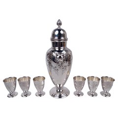 American Sterling Silver Grapevine Cocktail Set with Shaker & 6 Cups