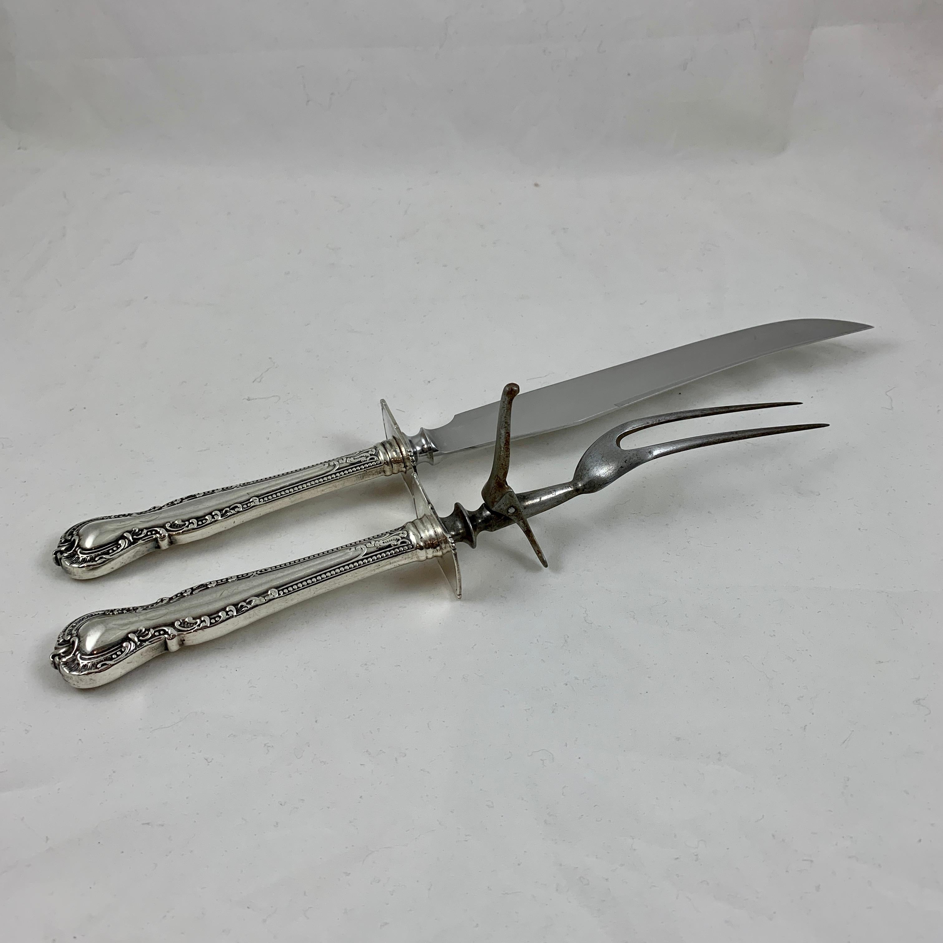 American Sterling Silver Handled Carving Knife and Fork, Set of Two, circa 1930s For Sale 1