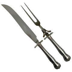 Cuchillo y tenedor para trinchar con mango de plata de ley estadounidense, juego de dos, hacia 1930
