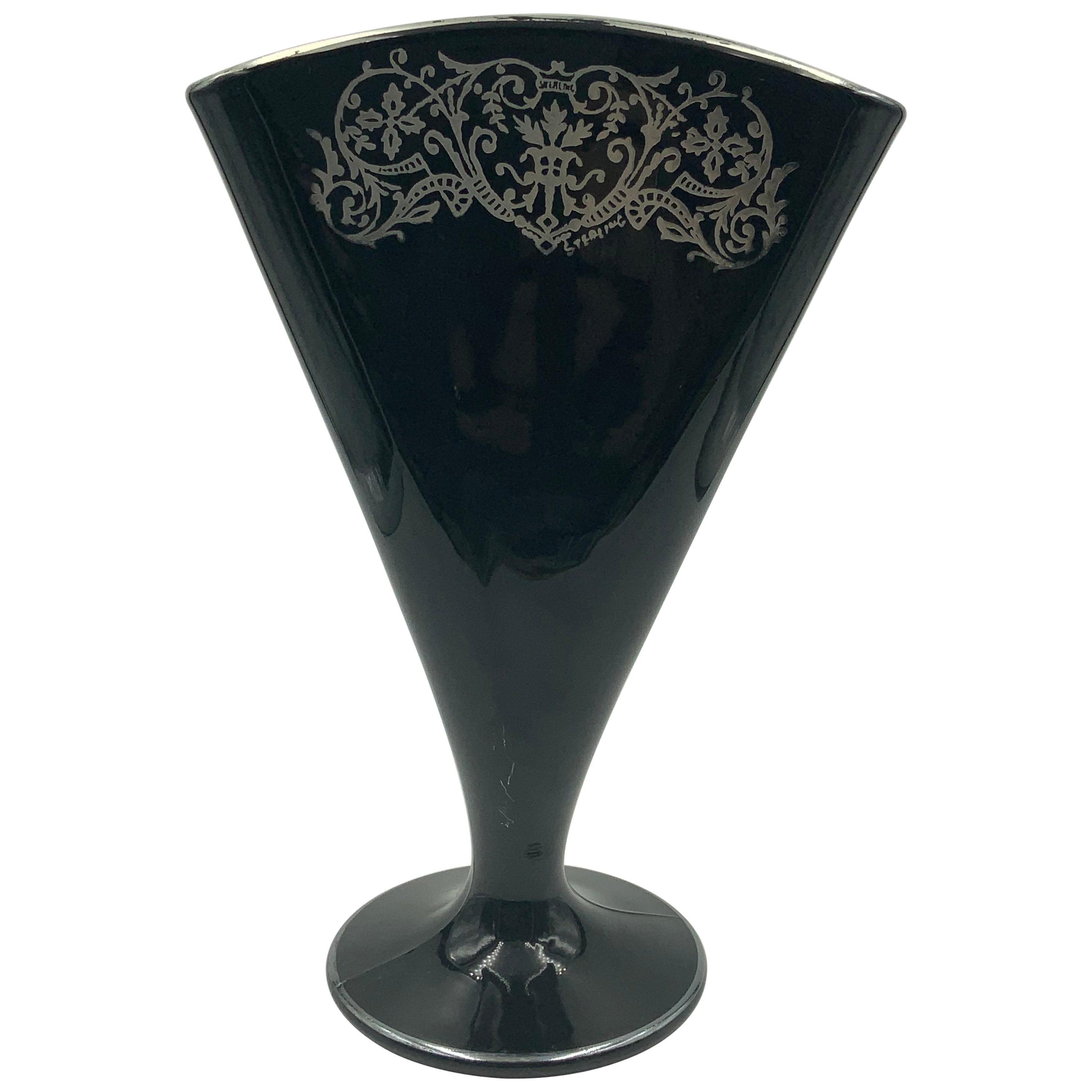 American Sterling Silver Overlay Black Fan Shaped Vase For Sale