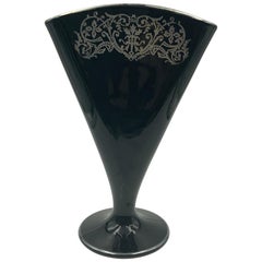 Antique American Sterling Silver Overlay Black Fan Shaped Vase