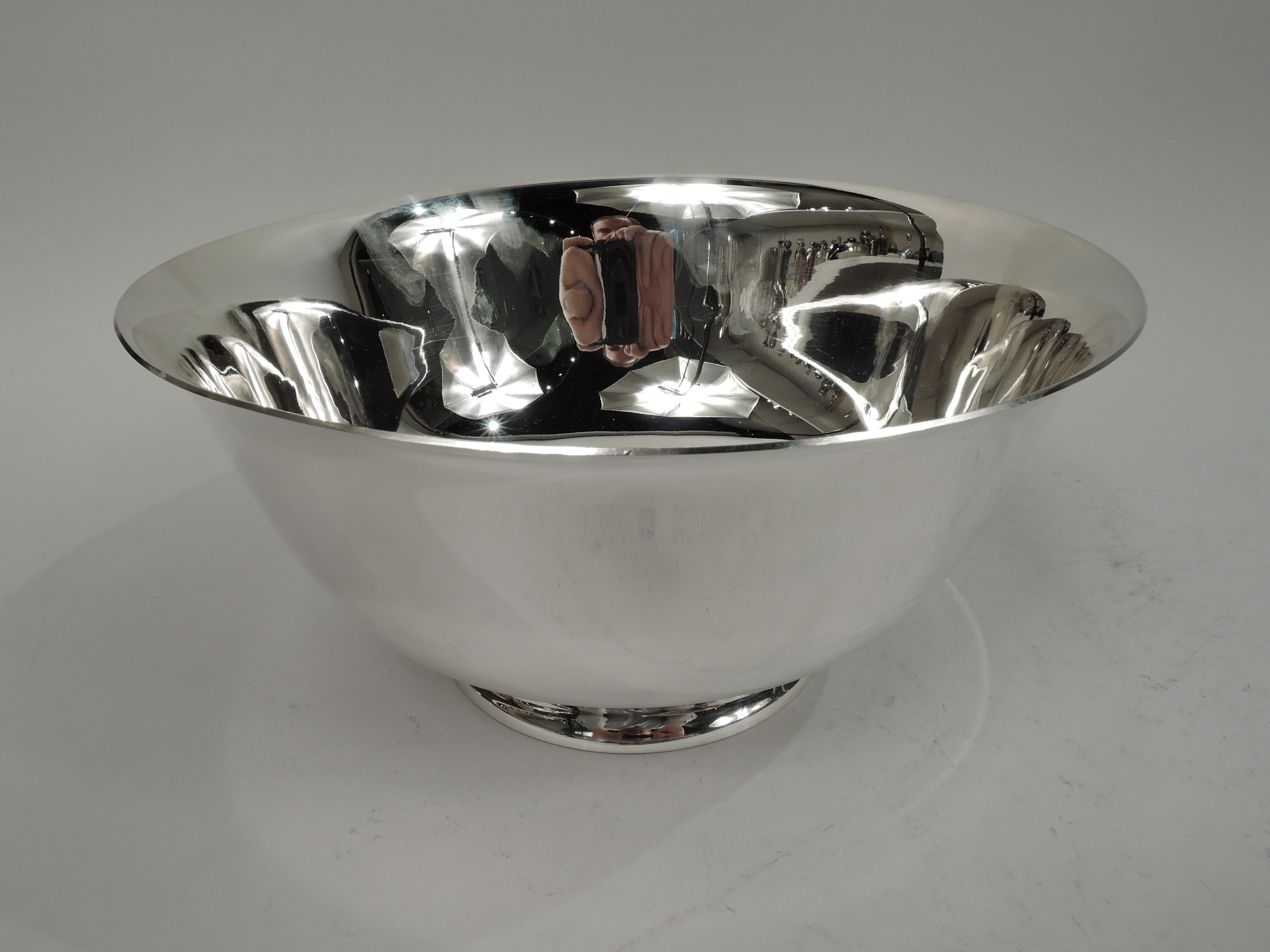 Colonial Revival sterling silver bowl. Made by Dominick & Haff in New York in 1940. Tapering sides, flared rim, curved bottom, and raised and inset foot. Traditional form with plenty of room for engraving. Fully marked including maker’s stamp, no.