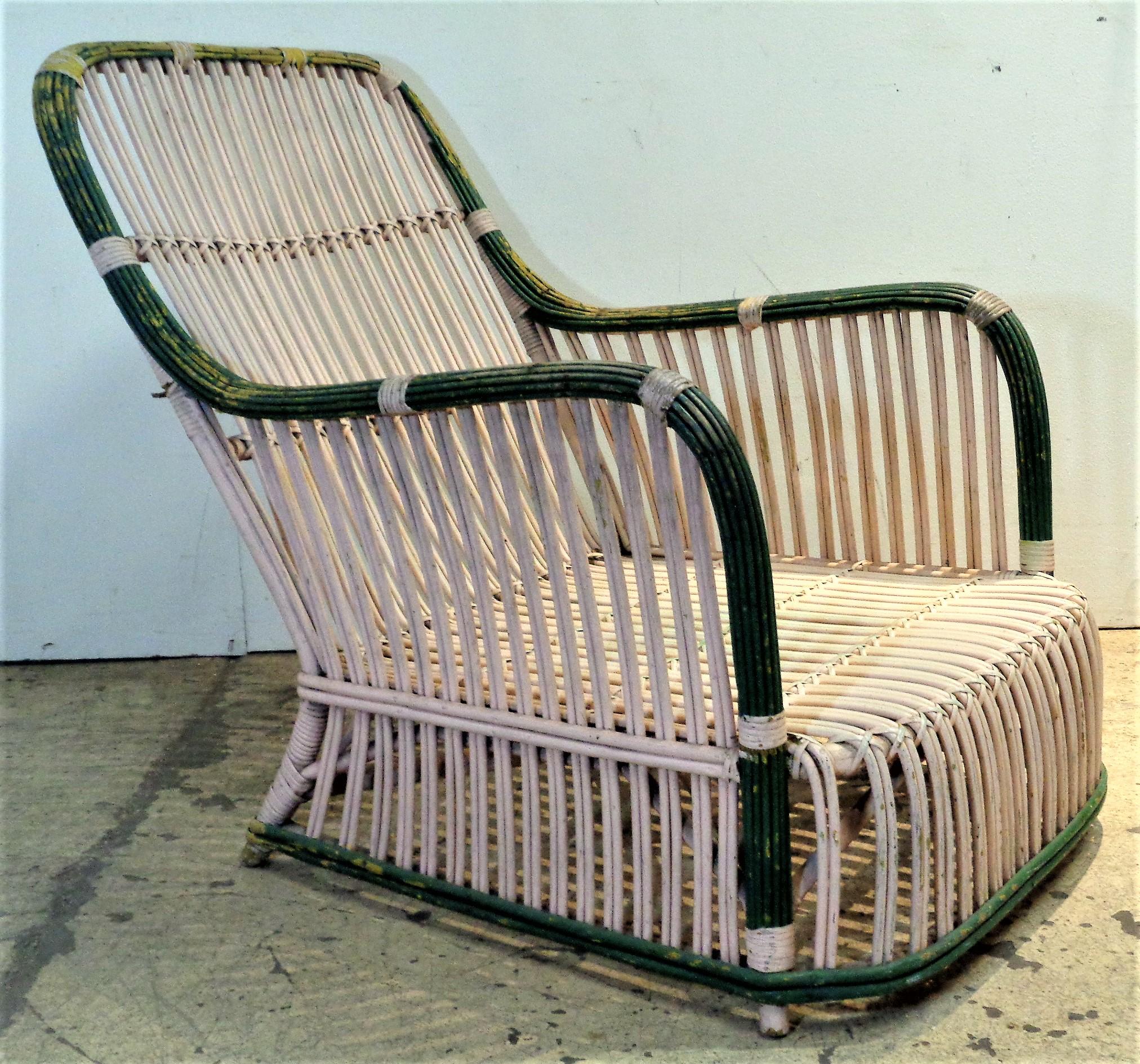 Upholstery  American Art Deco Stick Wicker Lounge Chair, Circa 1930