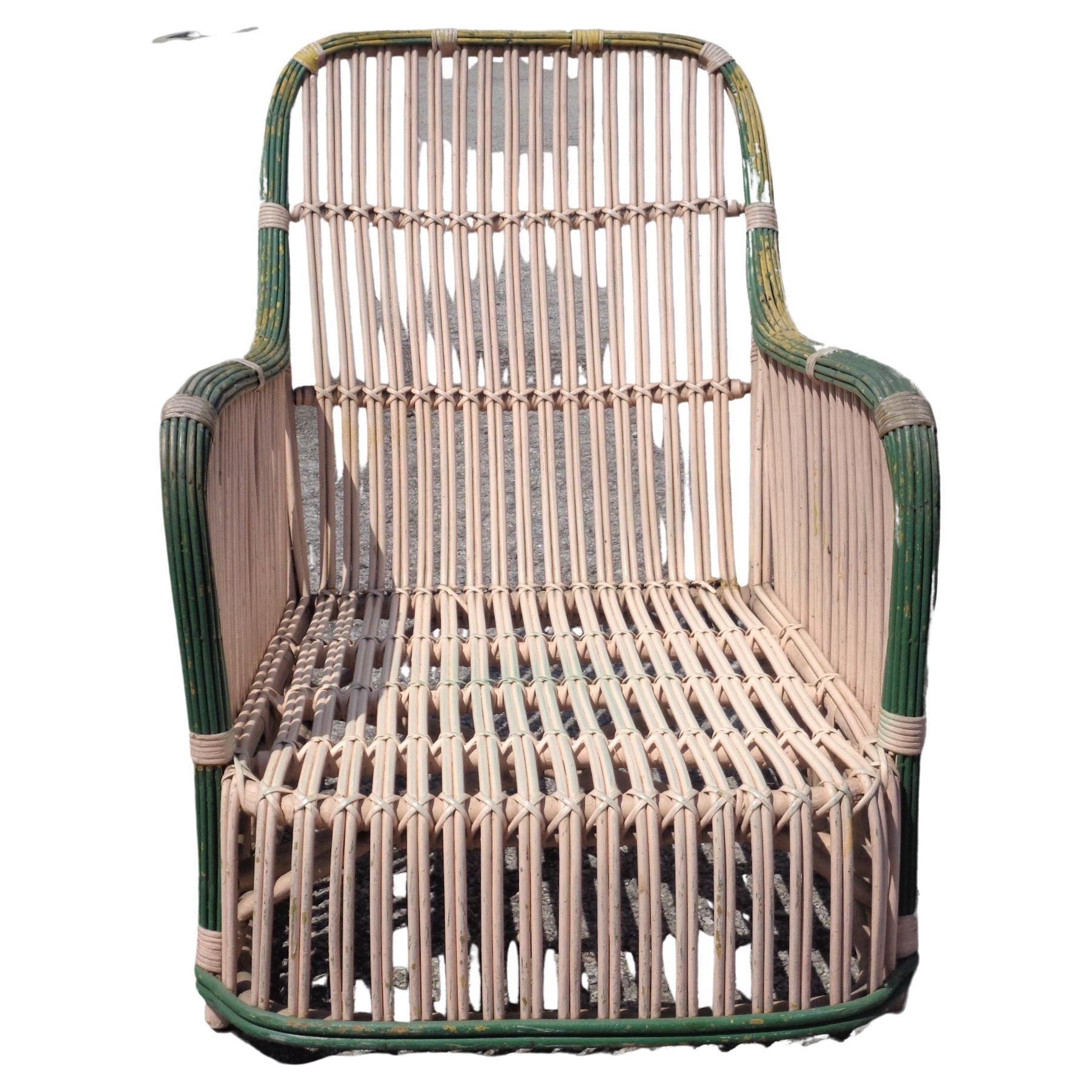  American stick wicker split reed lounge chair in old worn cream and green painted surface. Circa 1930. Beautiful. Look at all pictures and read condition report in comment section **** HAND DELIVERY CAN BE ARRANGED FROM DOOR NUMBER 3 WAREHOUSE IN
