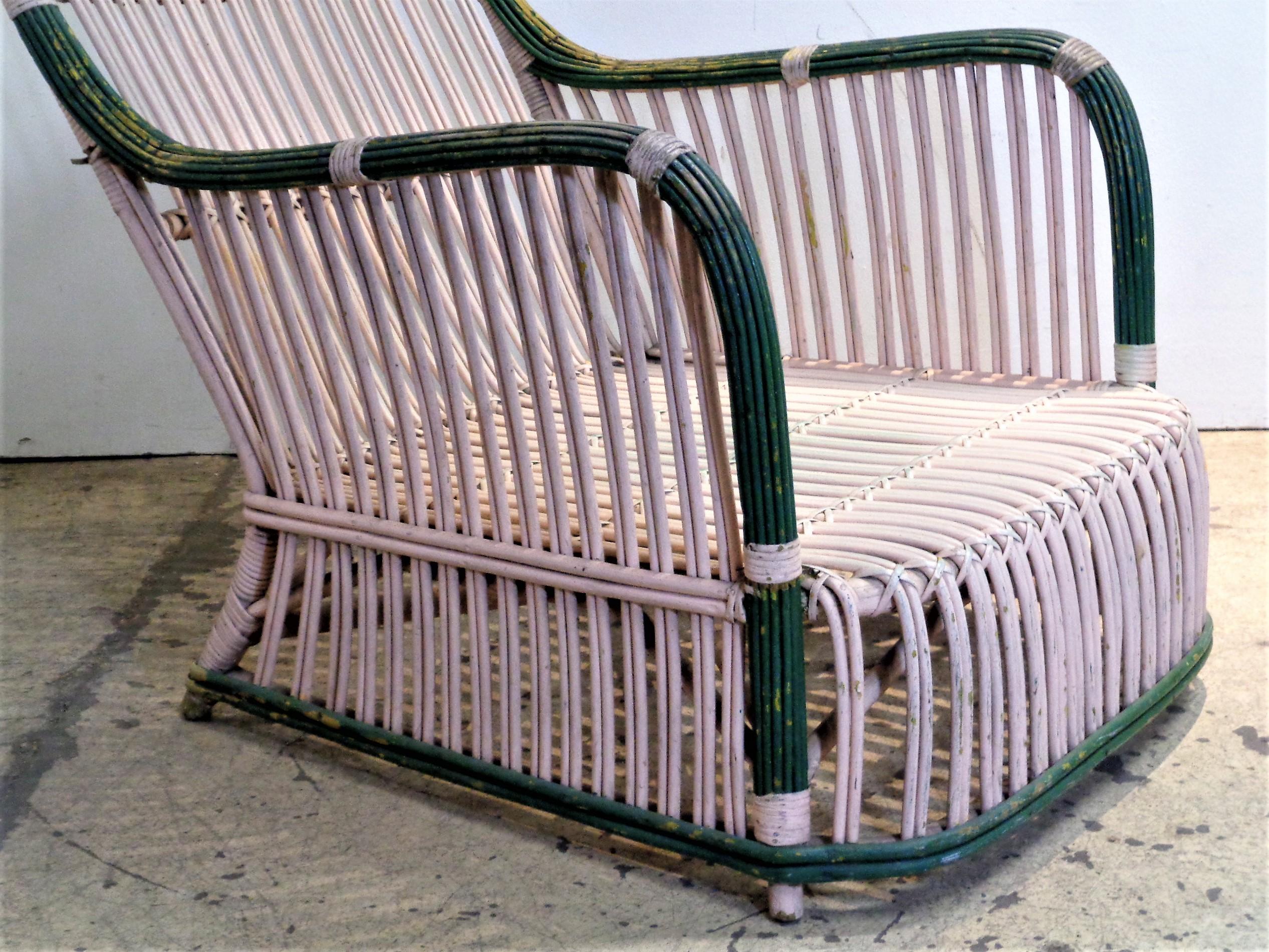 Upholstery  American Art Deco Stick Wicker Lounge Chair, Circa 1930 For Sale