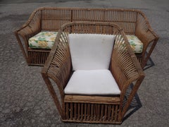 American Stick Wicker Sofa and Matching Lounge Chair, Circa 1930