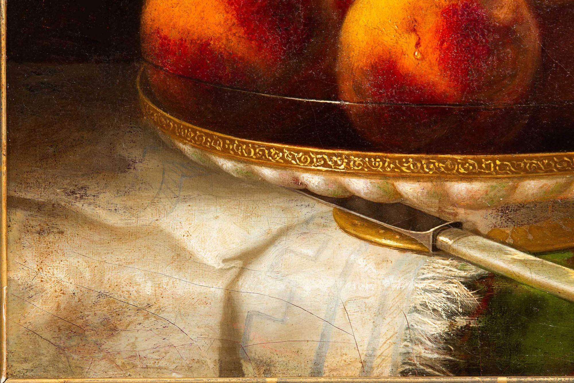 Canvas American Still-Life Fruit Painting of Peaches and Fly by Morston Ream ca. 1880 For Sale