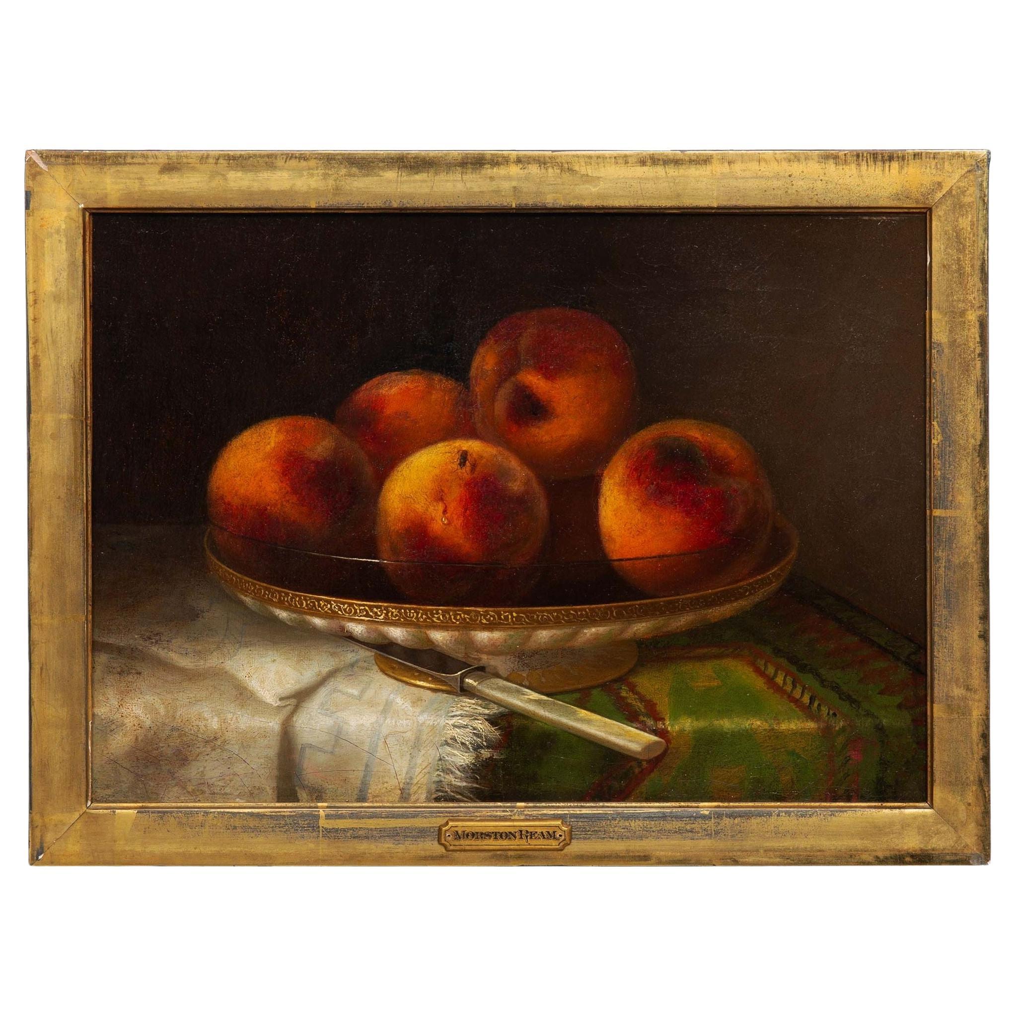 American Still-Life Fruit Painting of Peaches and Fly by Morston Ream ca. 1880 For Sale
