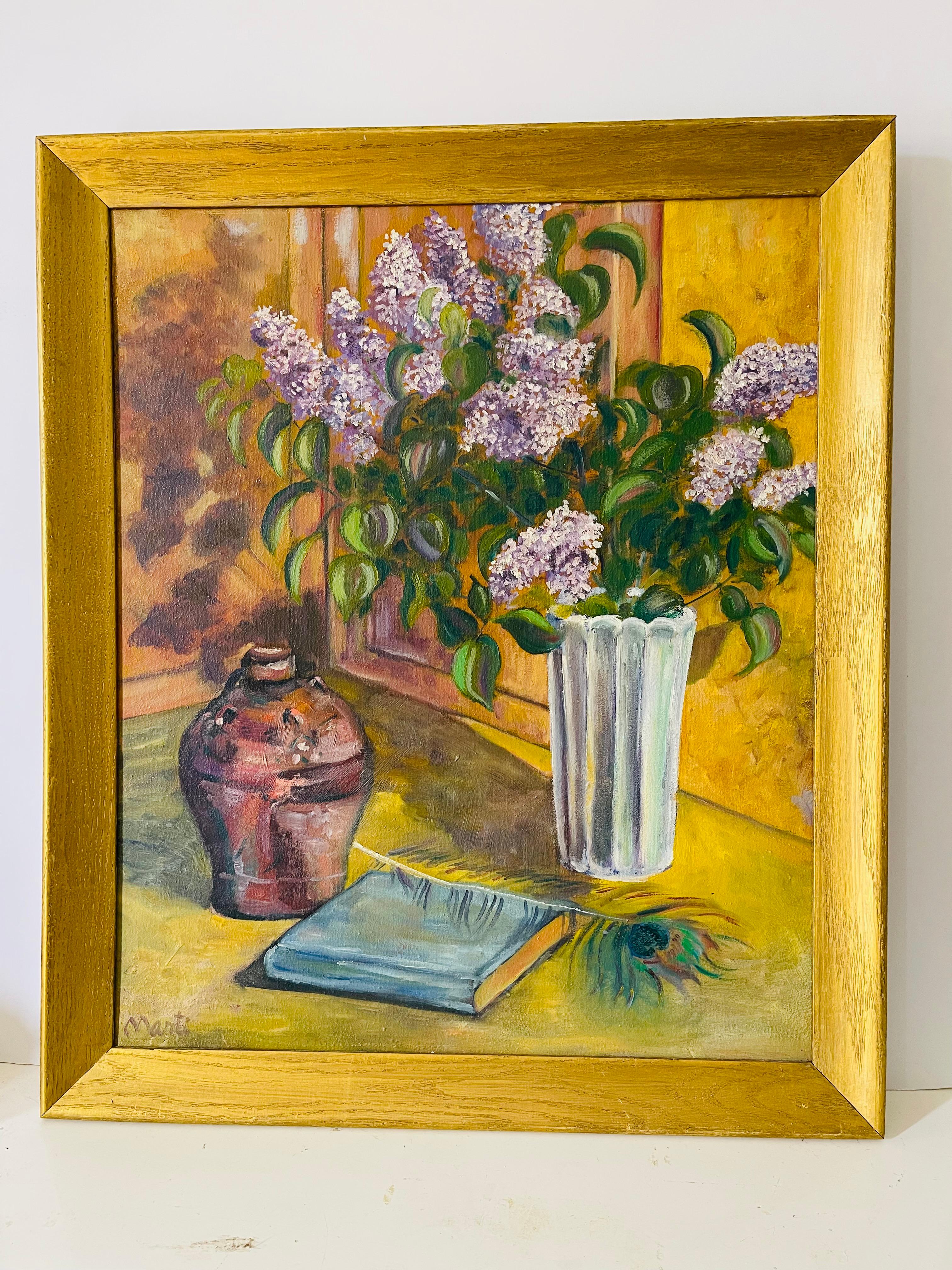 Bouquet de lilas dans un vase Nature morte américaine Huile sur toile, signée en bas à gauche Marti, au verso - date 1987.