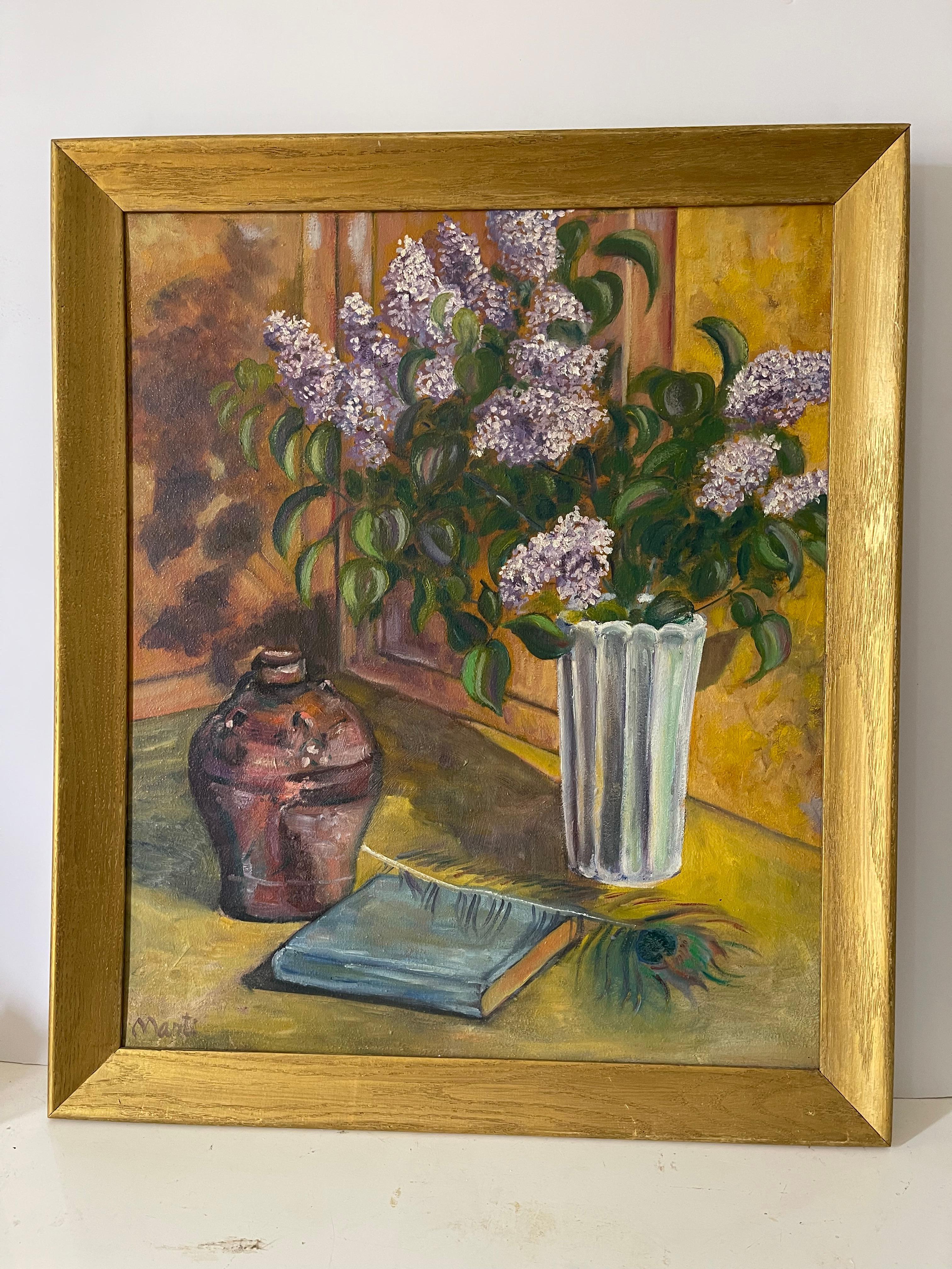 Moderne Nature morte américaine avec Lillacs Peinture signée Gotting Cadre en cétone en vente