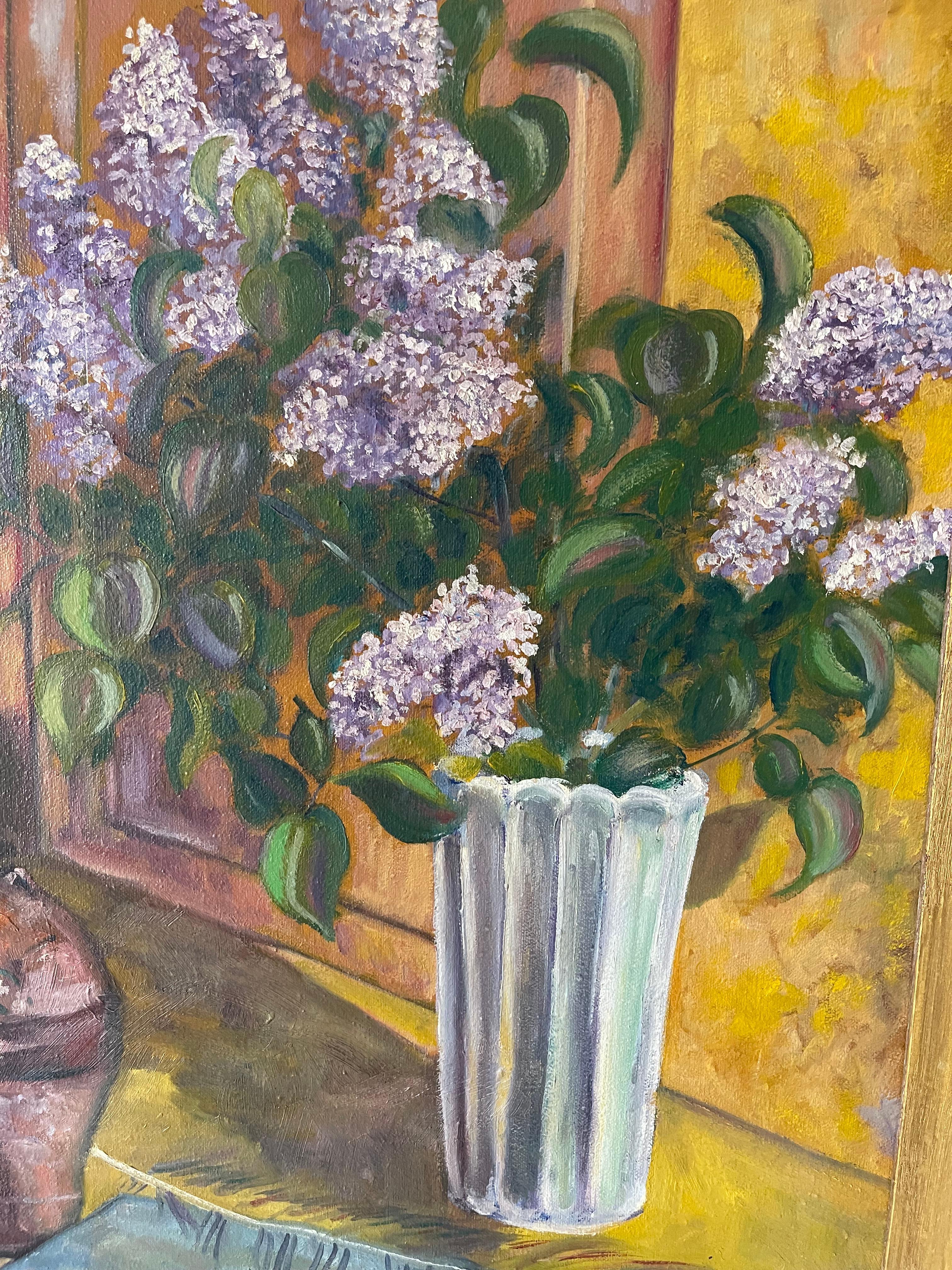 Nature morte américaine avec Lillacs Peinture signée Gotting Cadre en cétone Bon état - En vente à Boca Raton, FL