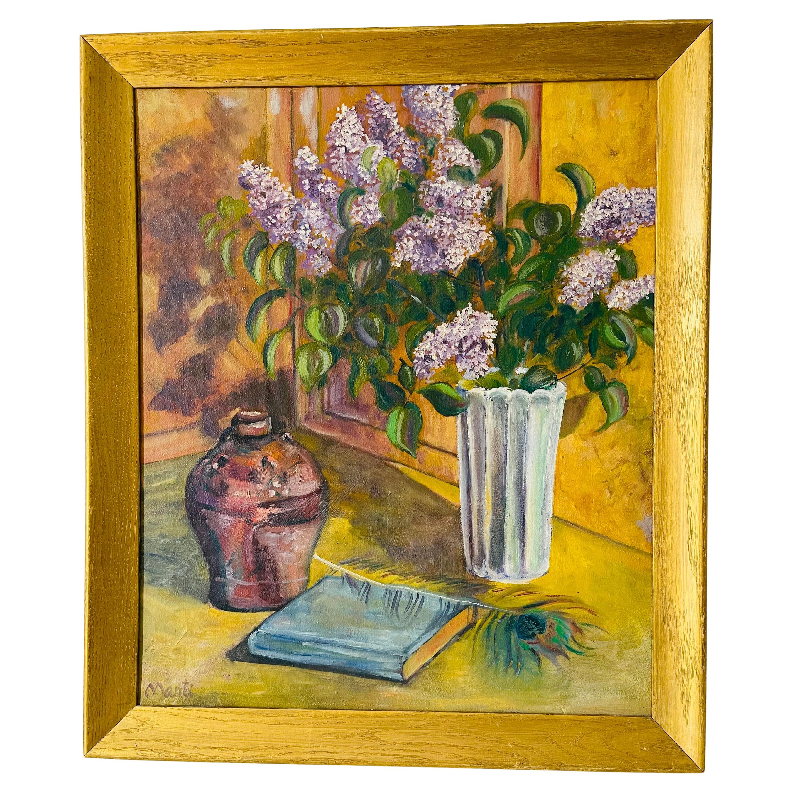 American Still Life with Lillacs Signed Painting Got ketone Frame