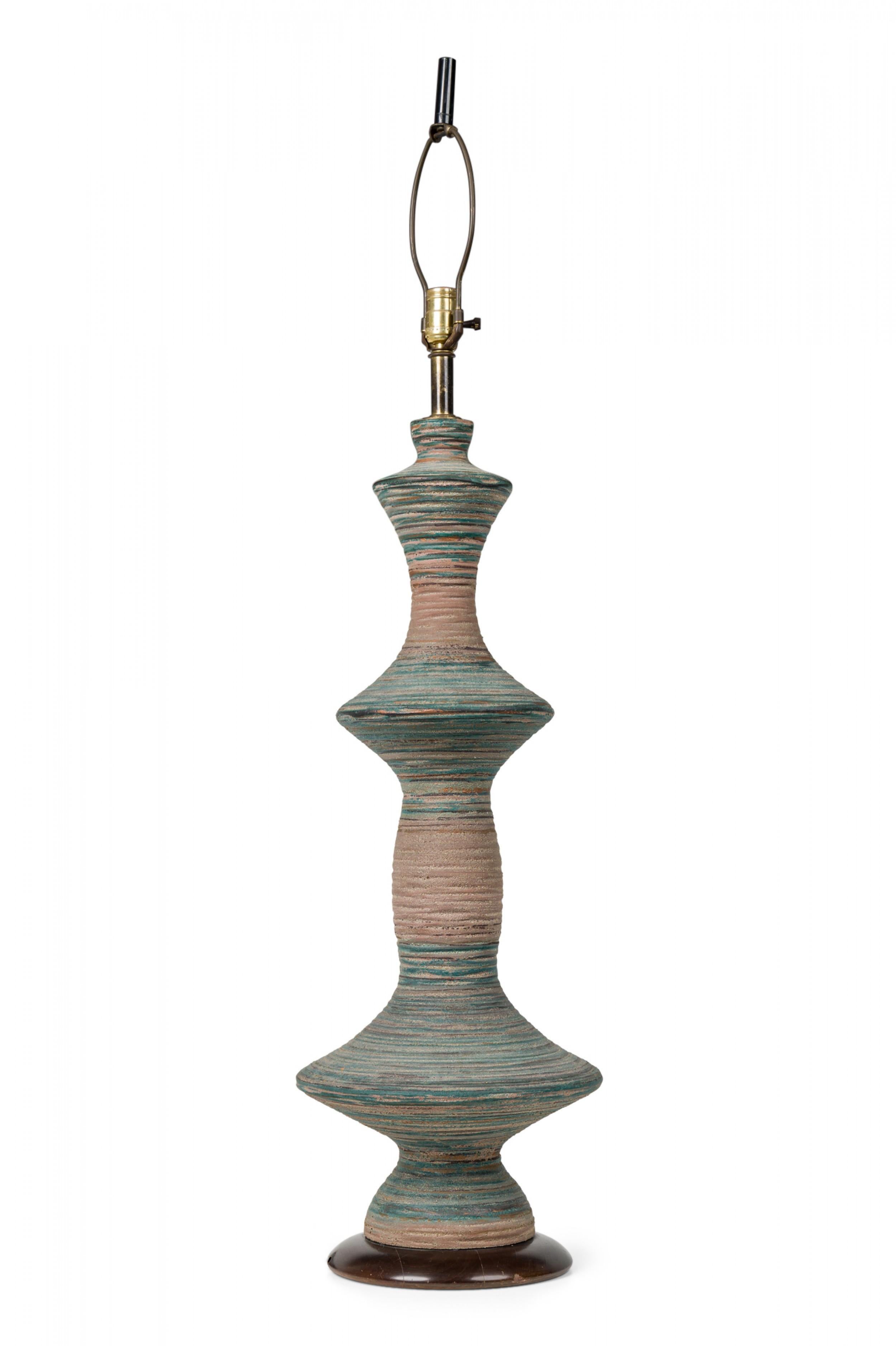American Stoneware Ceramic Tall Spindle Table Lamp w/ Blue Matte Glaze In Good Condition For Sale In New York, NY