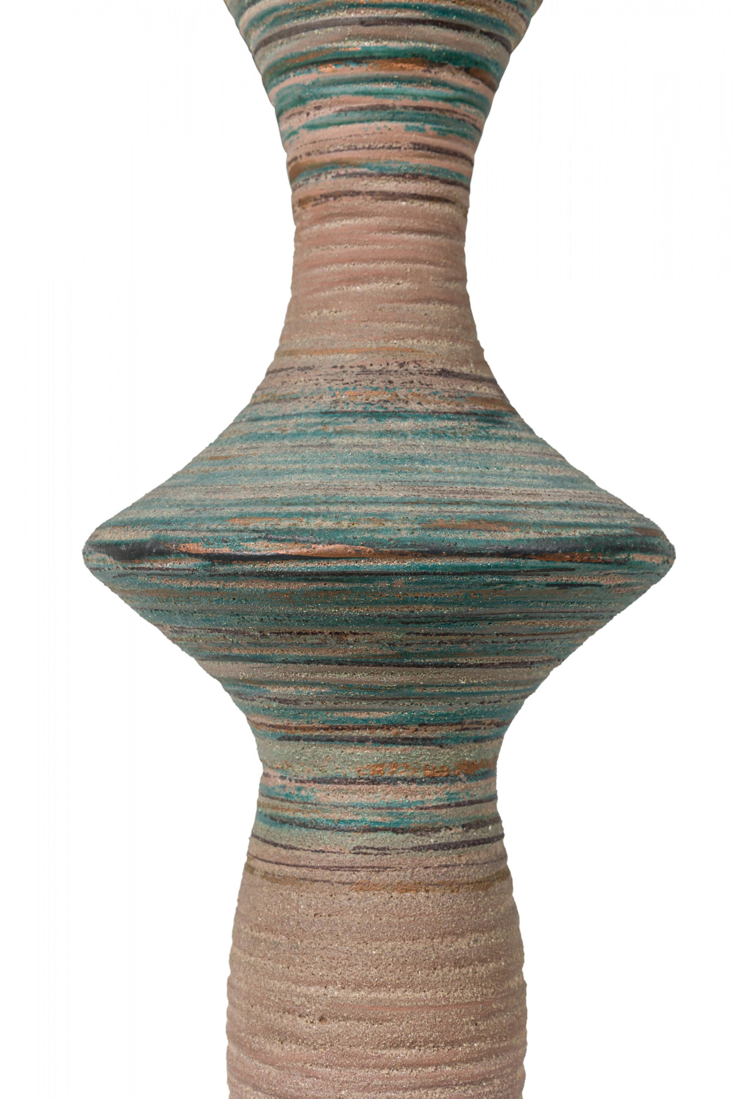 20th Century American Stoneware Ceramic Tall Spindle Table Lamp w/ Blue Matte Glaze For Sale