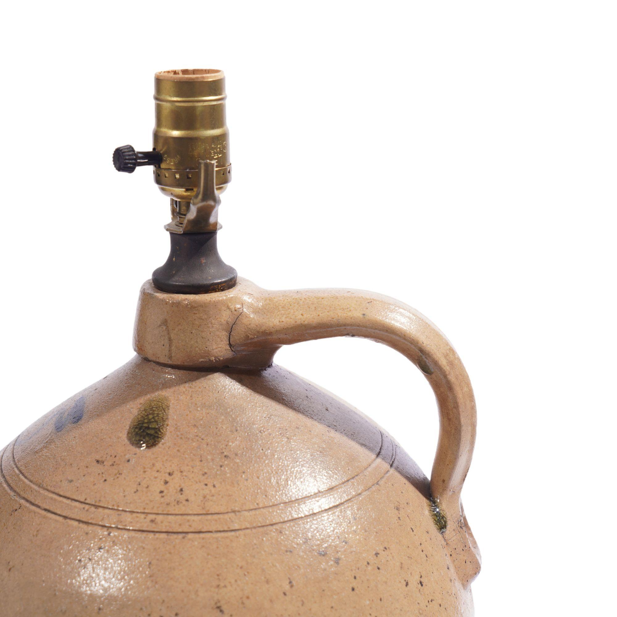 American stoneware jug lamp with hand-loomed wool lampshade, c. 1850 6