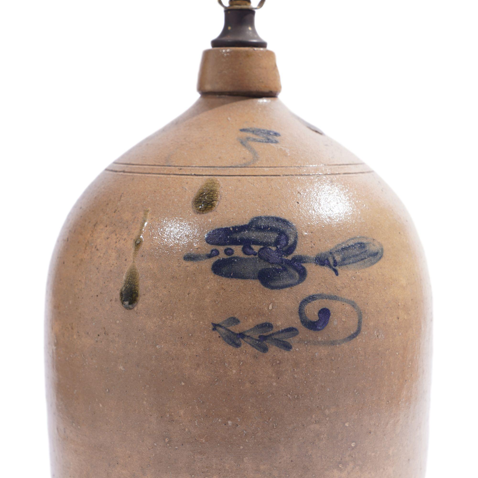 19th Century American stoneware jug lamp with hand-loomed wool lampshade, c. 1850