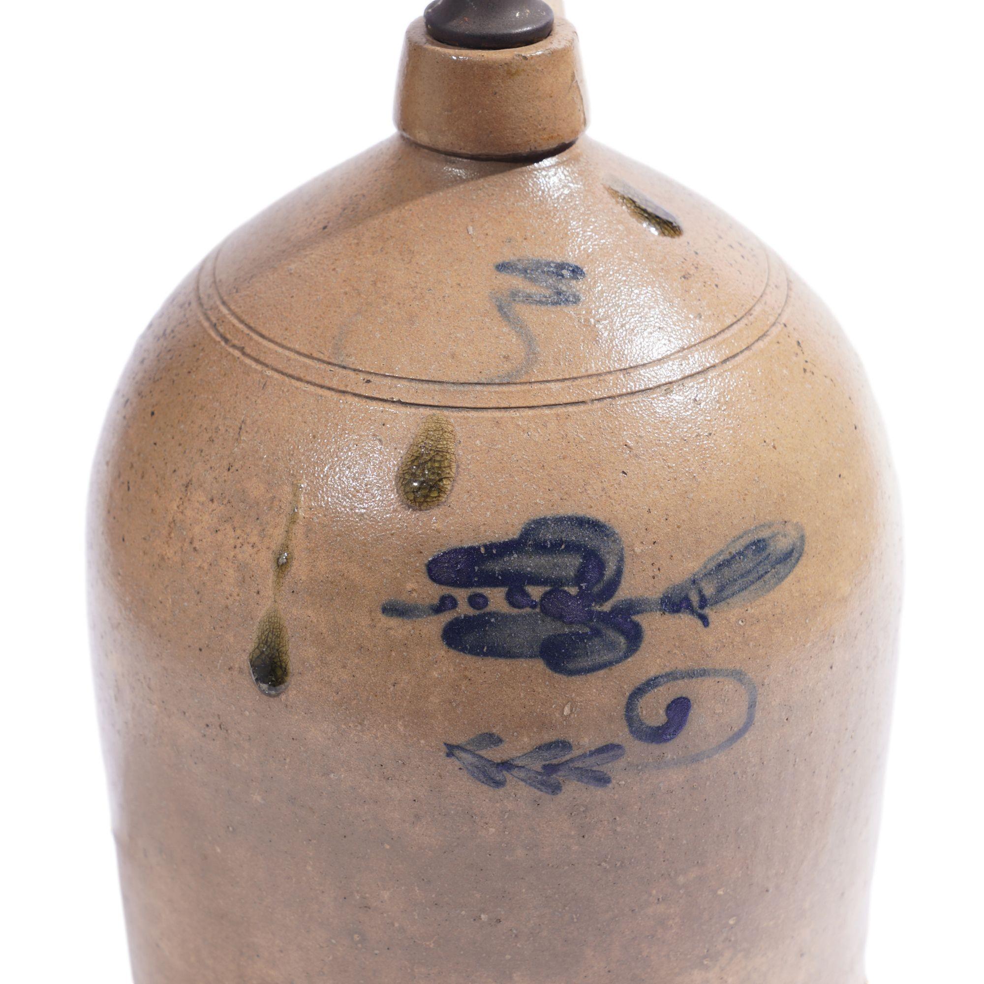 Ceramic American stoneware jug lamp with hand-loomed wool lampshade, c. 1850