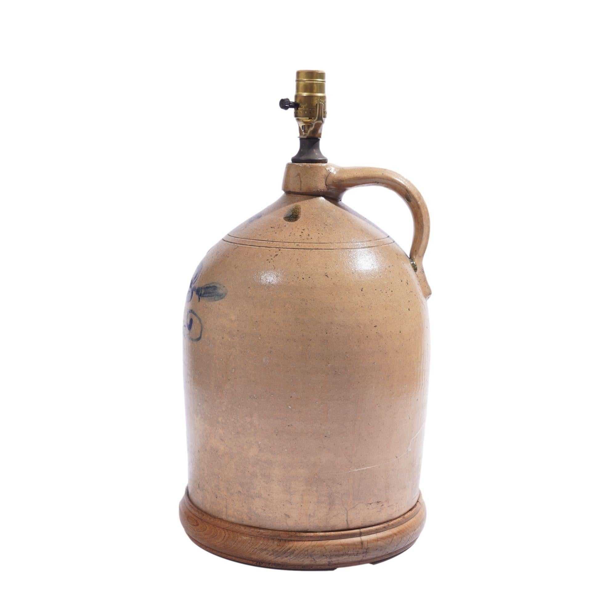 American stoneware jug lamp with hand-loomed wool lampshade, c. 1850 1