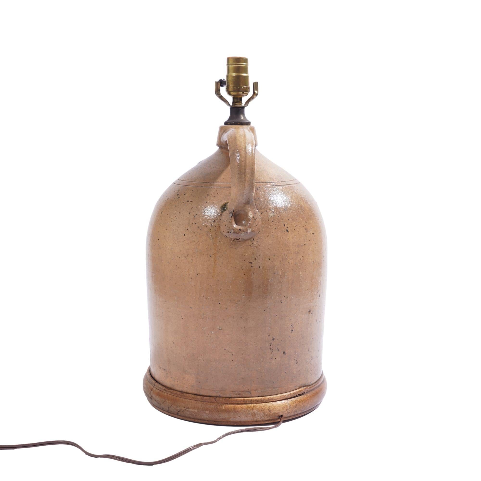 American stoneware jug lamp with hand-loomed wool lampshade, c. 1850 2