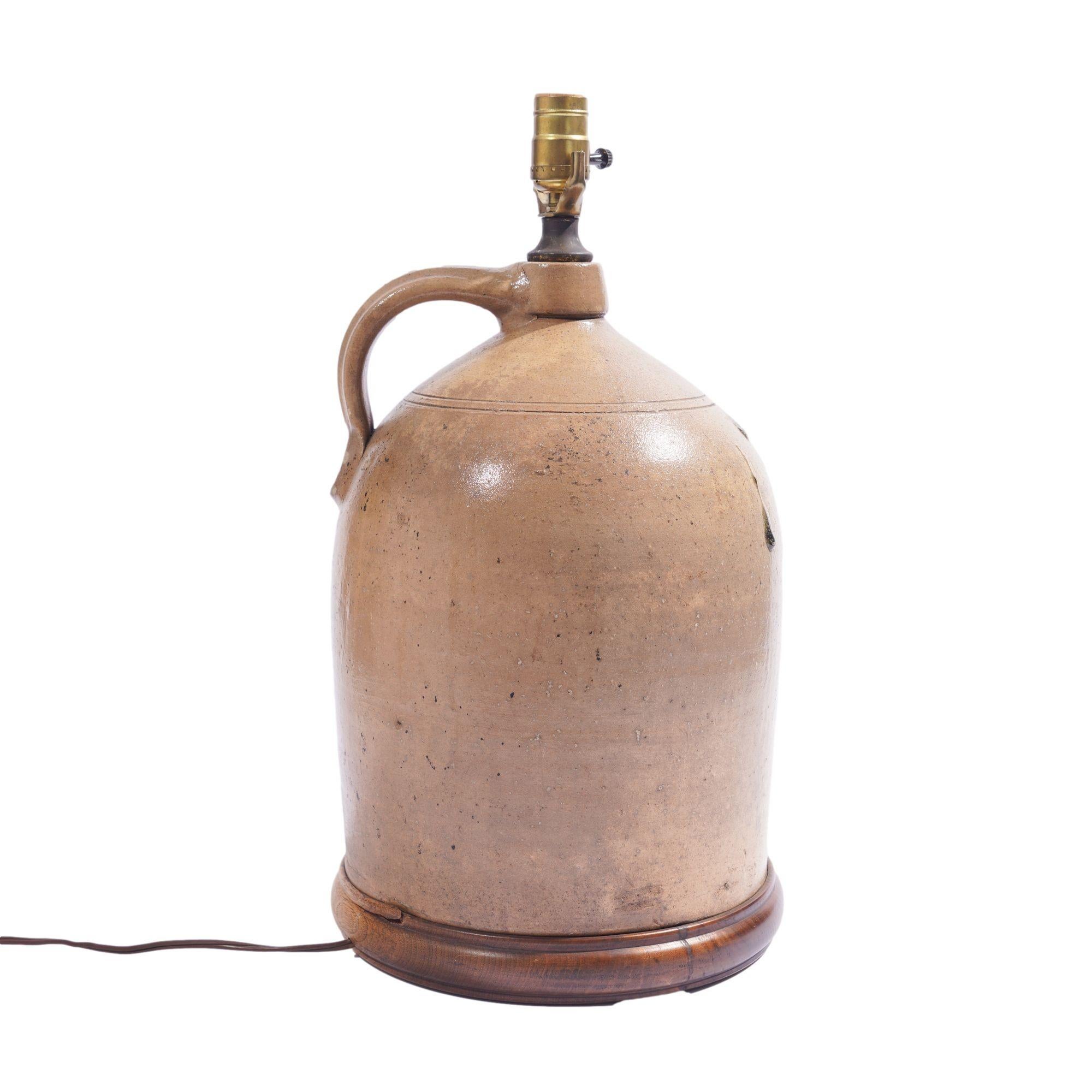 American stoneware jug lamp with hand-loomed wool lampshade, c. 1850 4