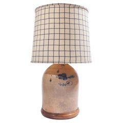 Antique American stoneware jug lamp with hand-loomed wool lampshade, c. 1850