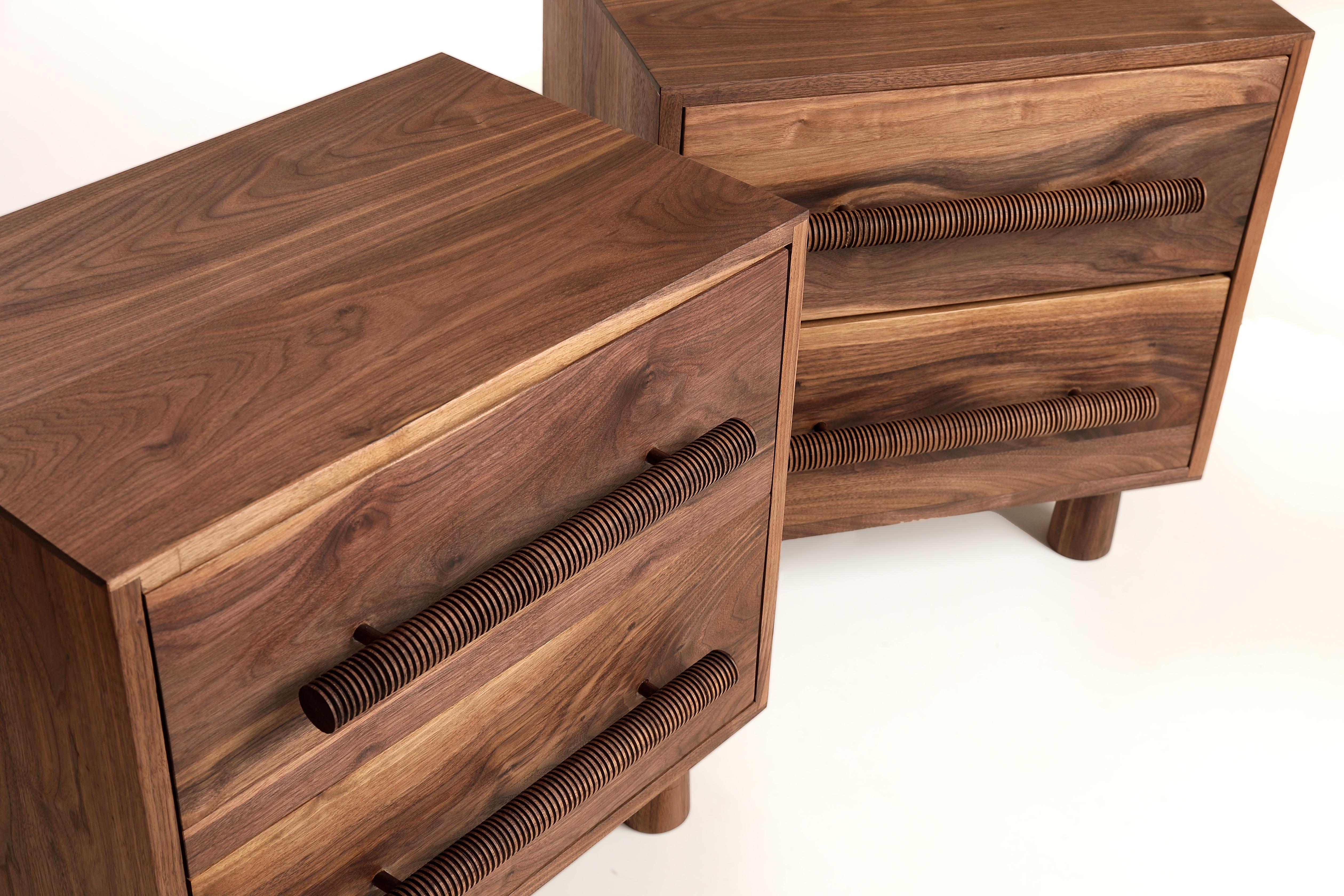 Made to order Pair of Night Stands by Michael Rozell USA 2024.
One of a kind, award winning furniture designs and commissions made by hand in designer Michael Rozell's Granville, Ohio studio. 

Michael combines traditional woodcraft techniques with