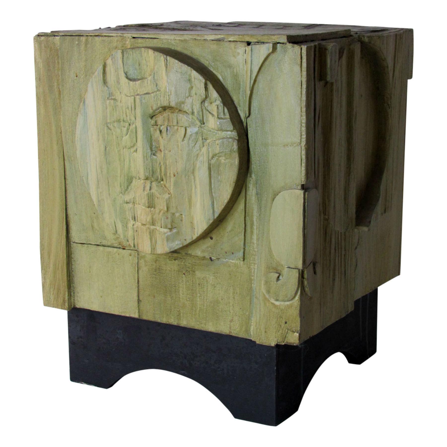 The Man in the Moon looks out from this mixed media cube made of carved wood panels and painted canvas.  Utterly charming and one of a kind, this cube was made in the 1970s by an unknown artist.  
