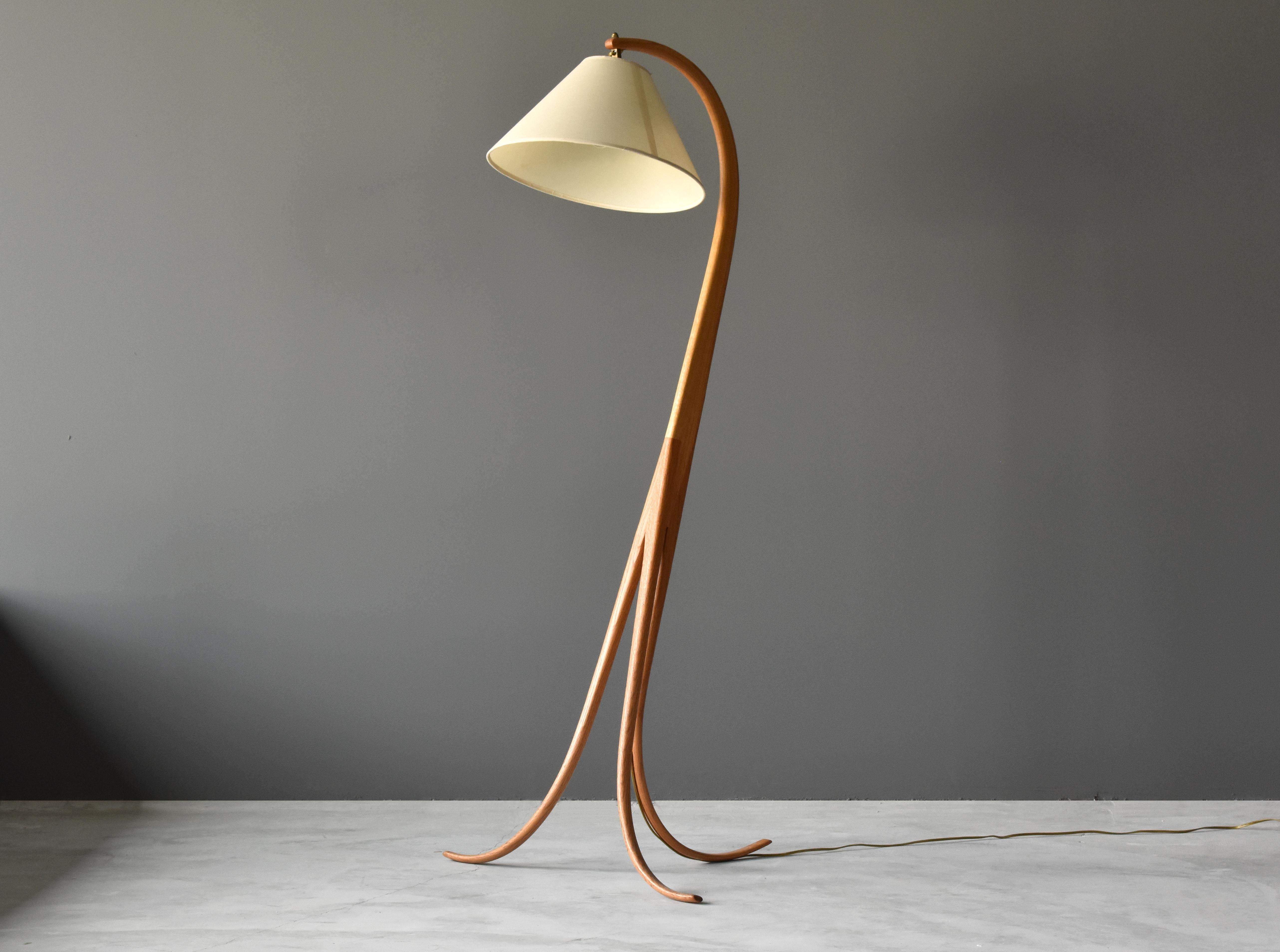Contemporary American Studio Craft, Organic Floor Lamp, Carved Oak, Linen Shade, 20th Century