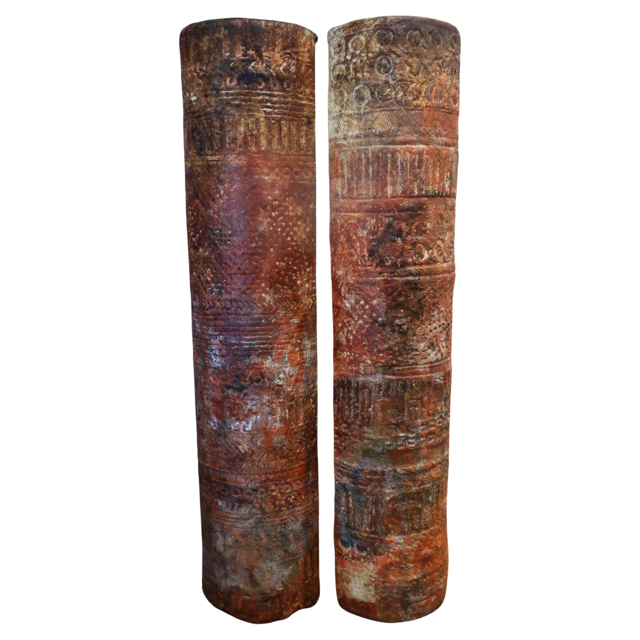 American Studio Craft Paper Mache Columns w/ Cryptic Symbol Decoration For Sale 4