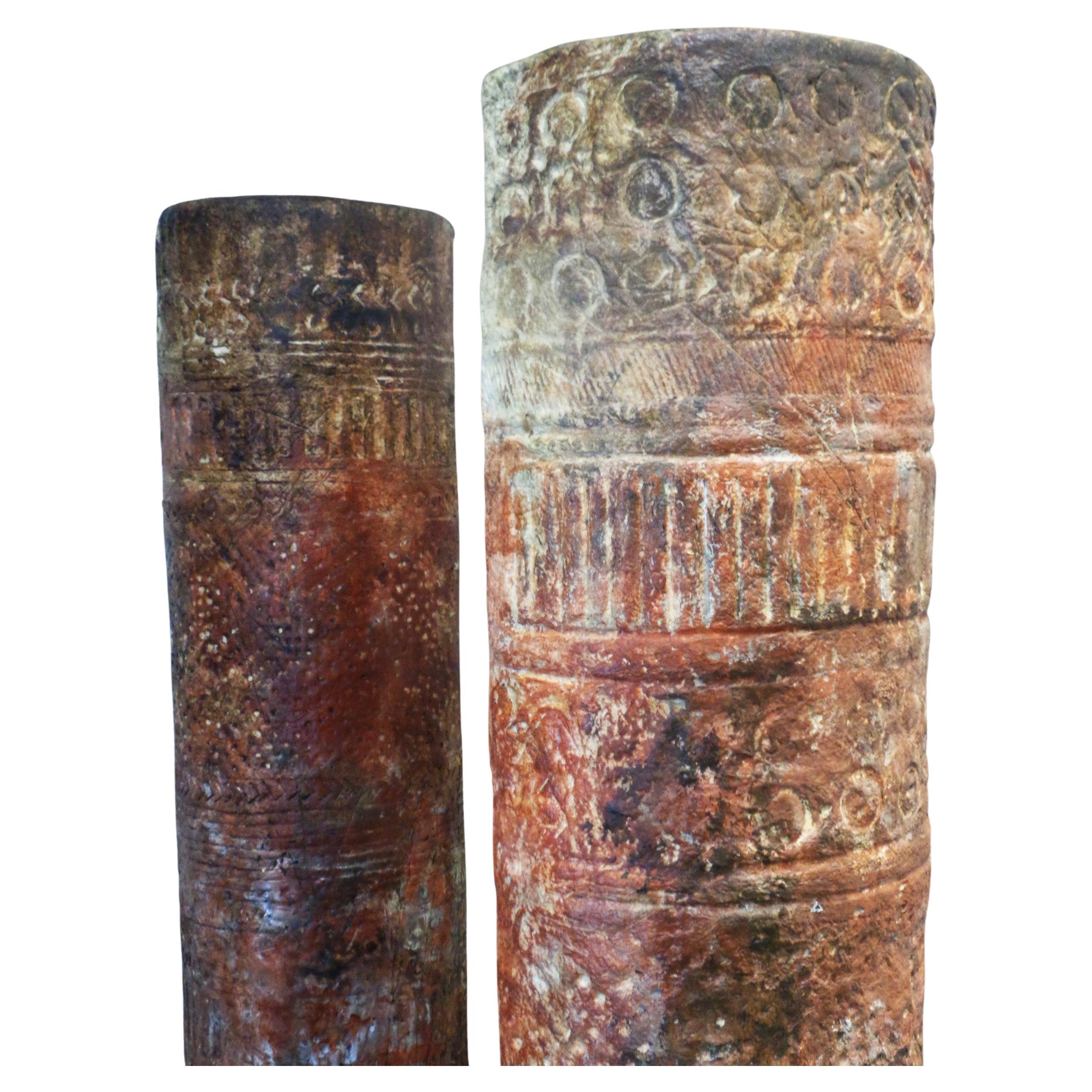American Studio Craft Paper Mache Columns w/ Cryptic Symbol Decoration For Sale 5
