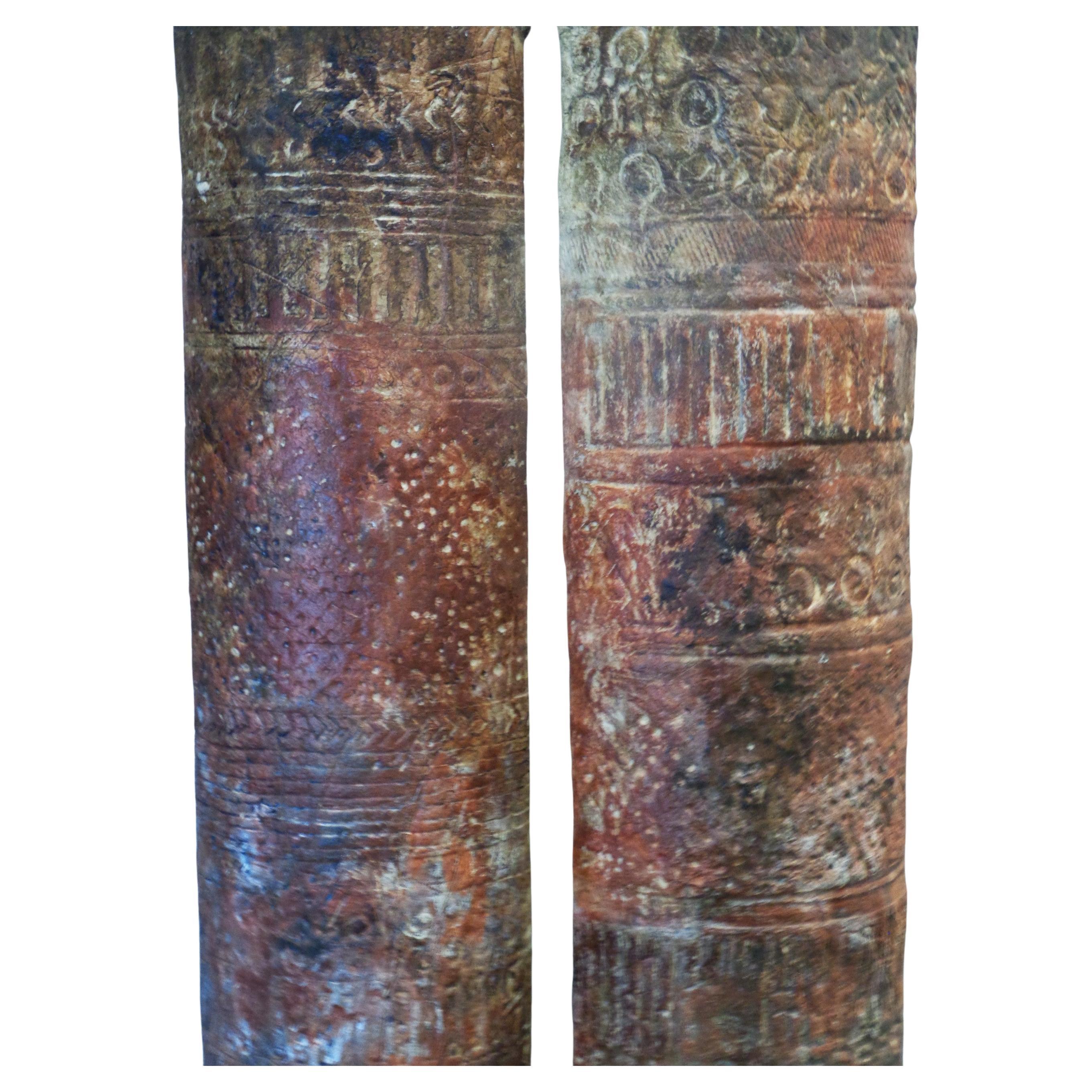 Burnished American Studio Craft Paper Mache Columns w/ Cryptic Symbol Decoration For Sale