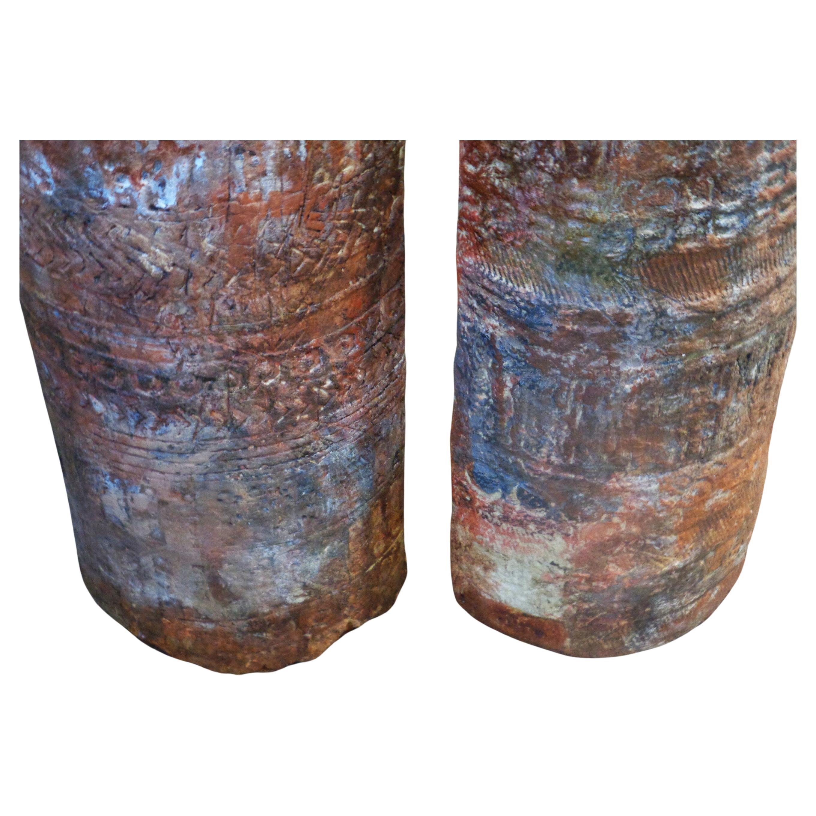 20th Century American Studio Craft Paper Mache Columns w/ Cryptic Symbol Decoration For Sale