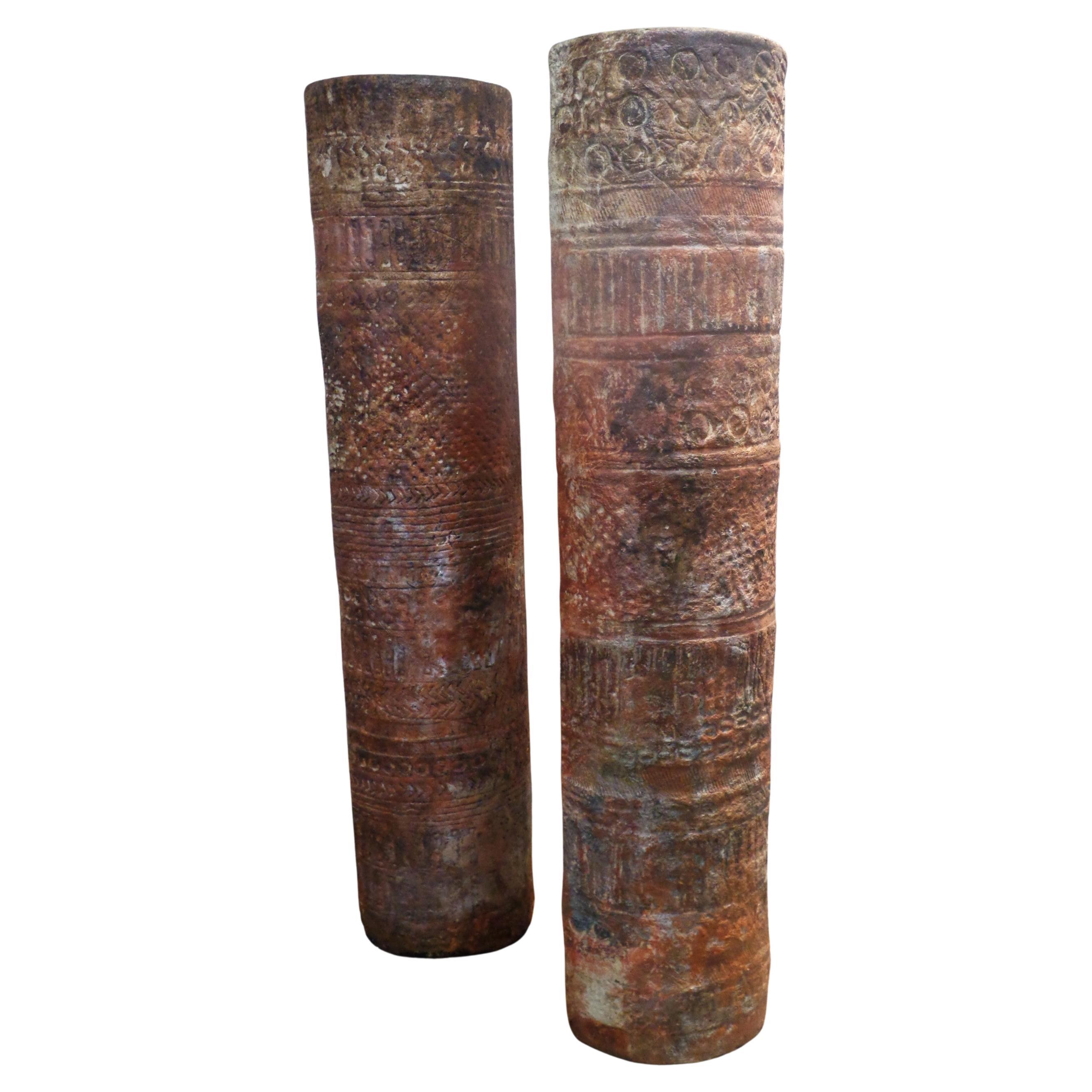 American Studio Craft Paper Mache Columns w/ Cryptic Symbol Decoration For Sale 2