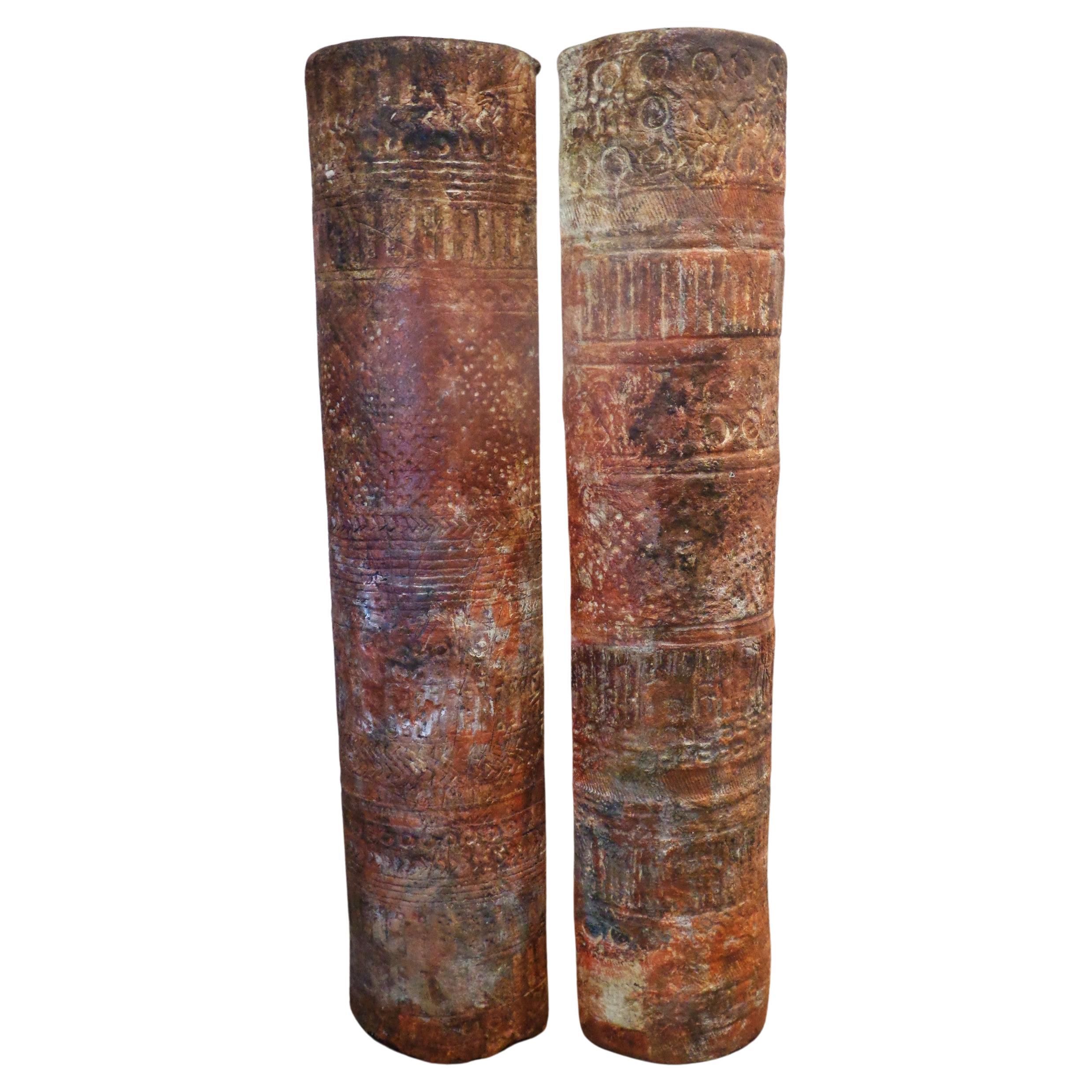 American Studio Craft Paper Mache Columns w/ Cryptic Symbol Decoration For Sale