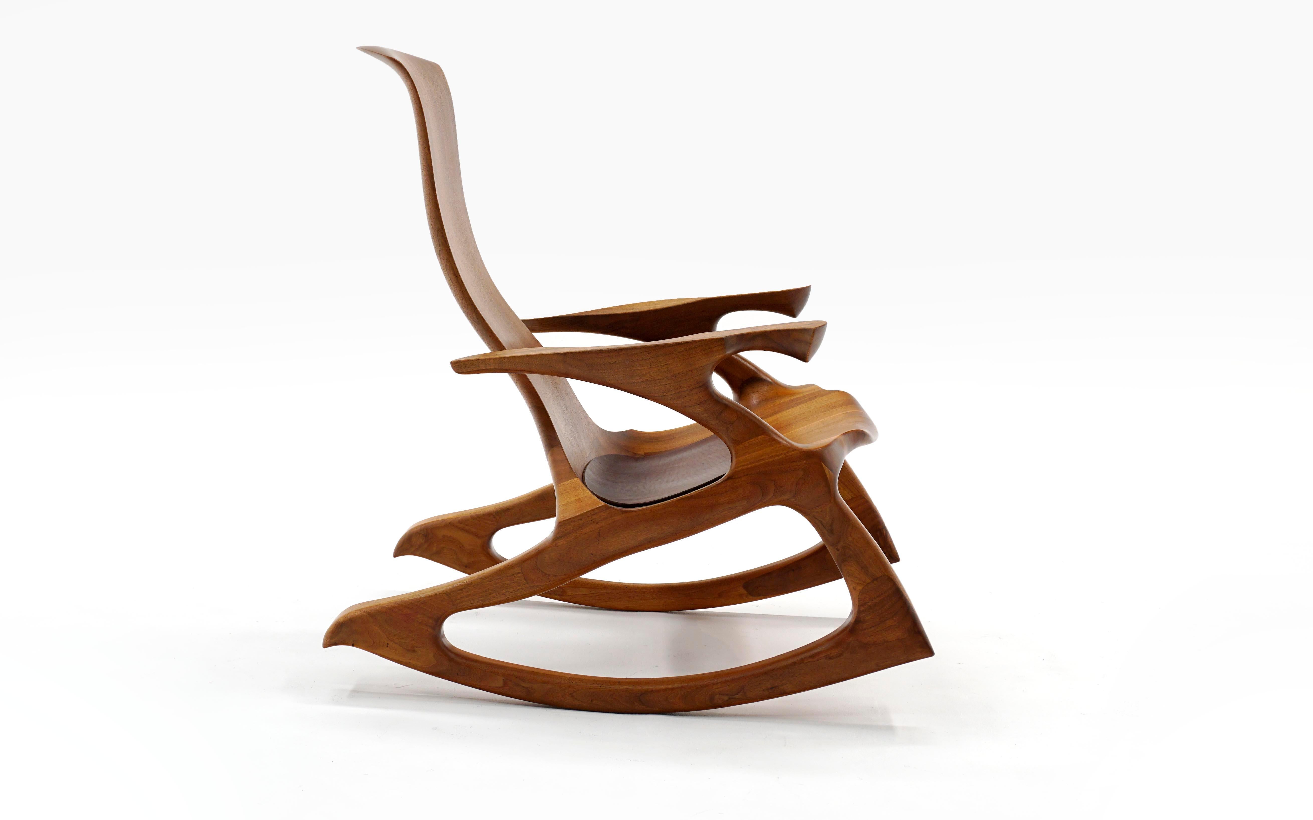 American Craftsman American Studio Craft Sculptural Walnut Rocking Chair, Hand Crafted, Marked