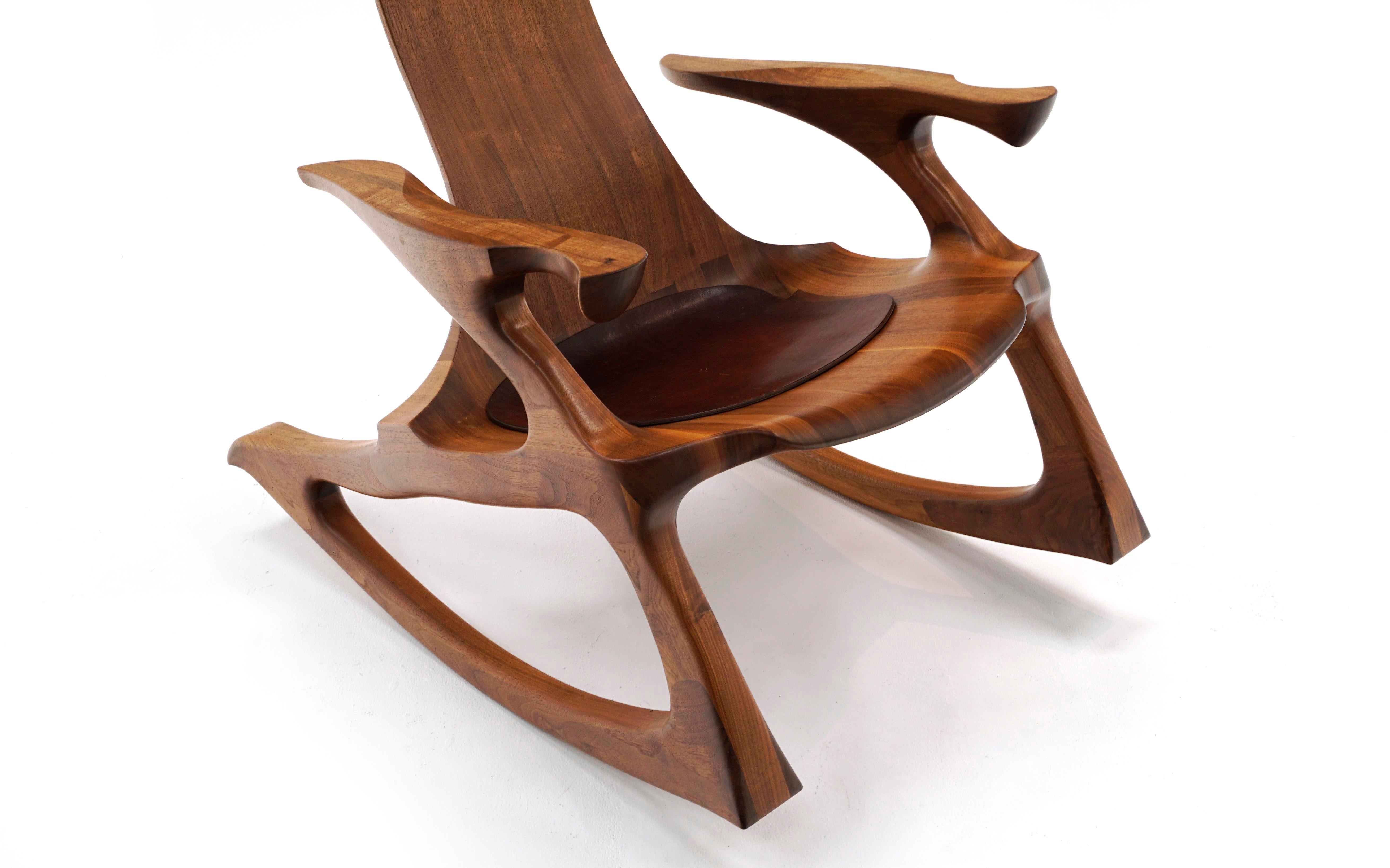 American Studio Craft Sculptural Walnut Rocking Chair, Hand Crafted, Marked 2
