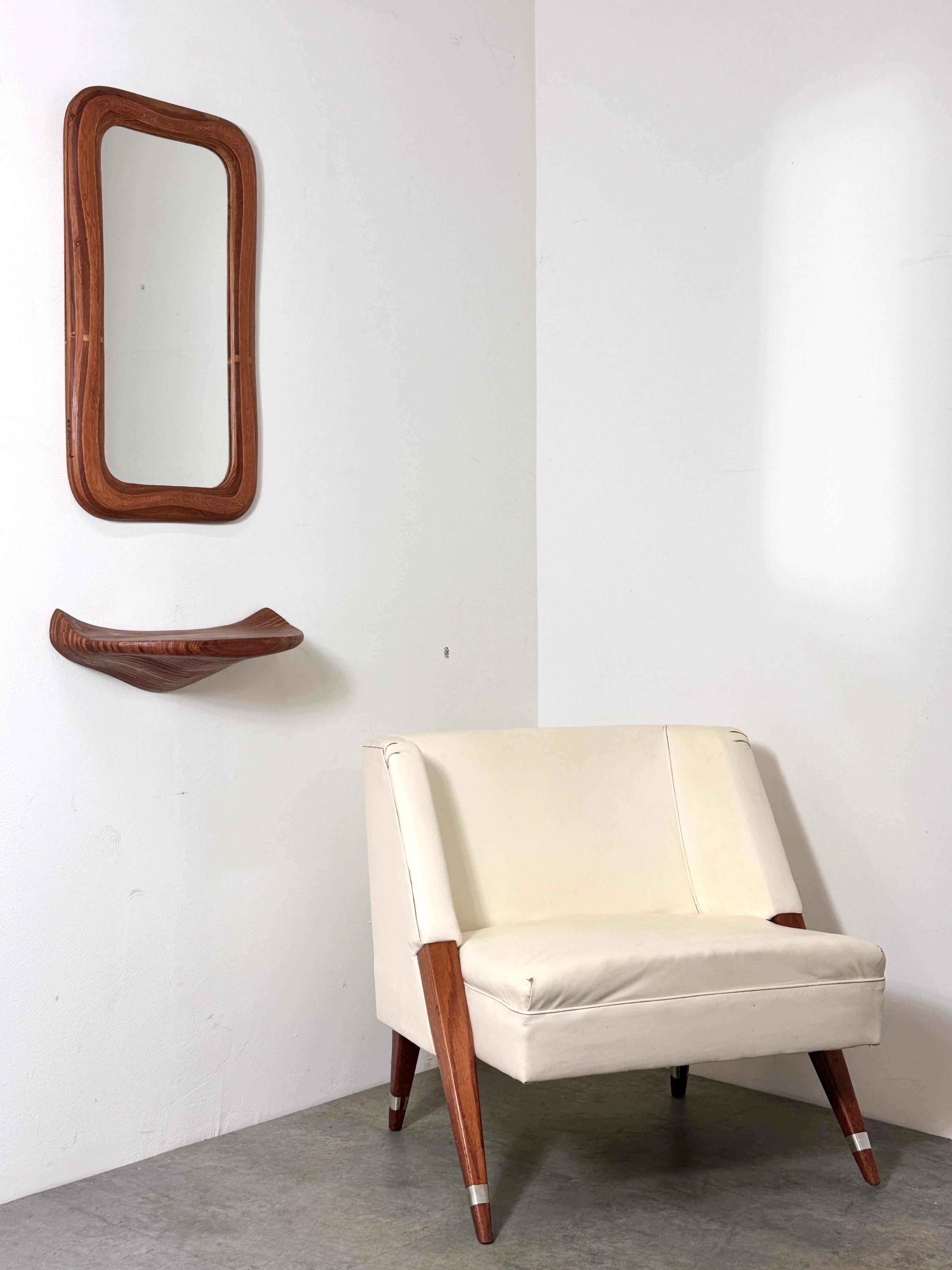 Sculptural wall mirror and floating shelf by American craftsman Robert Hargrave 

Stack laminate construction in Pine sculpted into an organic design
Perfect for an entry or hallway

Both pieces signed and dated 1979

Mirror:
15 inch width 
27 inch