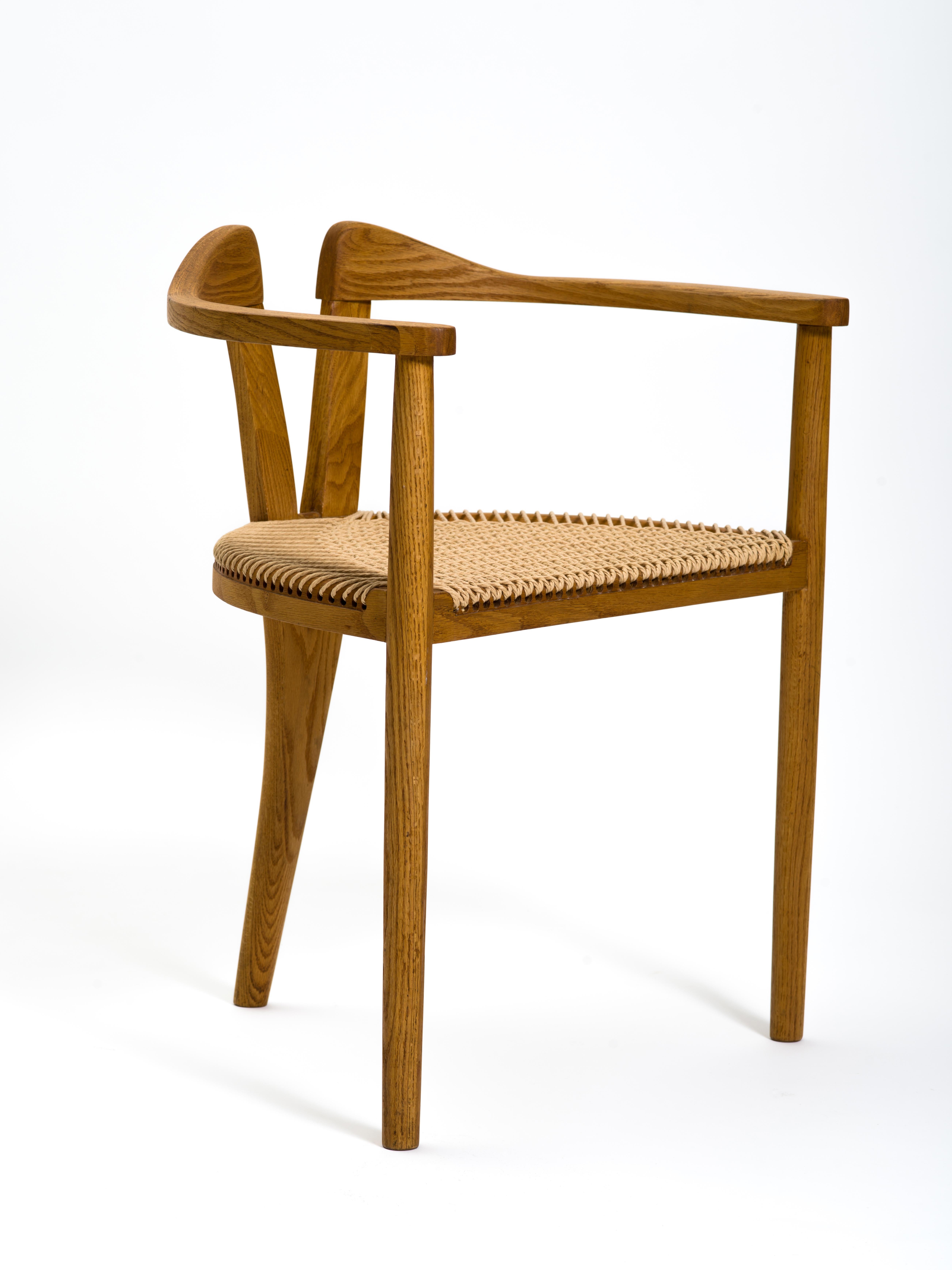 Organic Modern American Studio Craft Tri-Leg Chair in Oak with Woven Seat after Hans Wegner