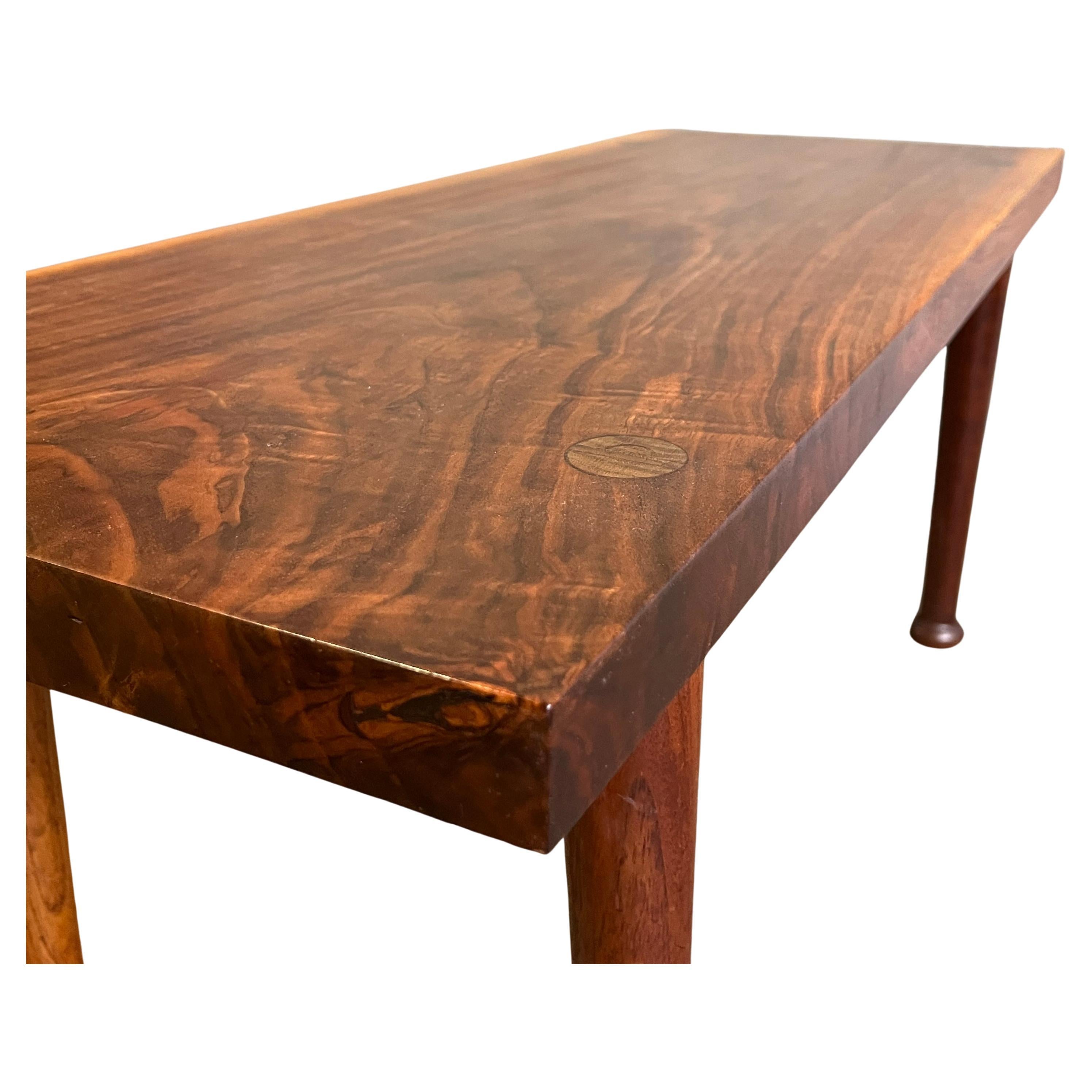 Classic American Studio Craft solid beautiful Hardwood & walnut small table or bench . Gorgeous black walnut slab on solid wood turned legs with highly crafted joinery. New Hope estate fresh circa 1960s. 

No Labels or signatures. This table is
