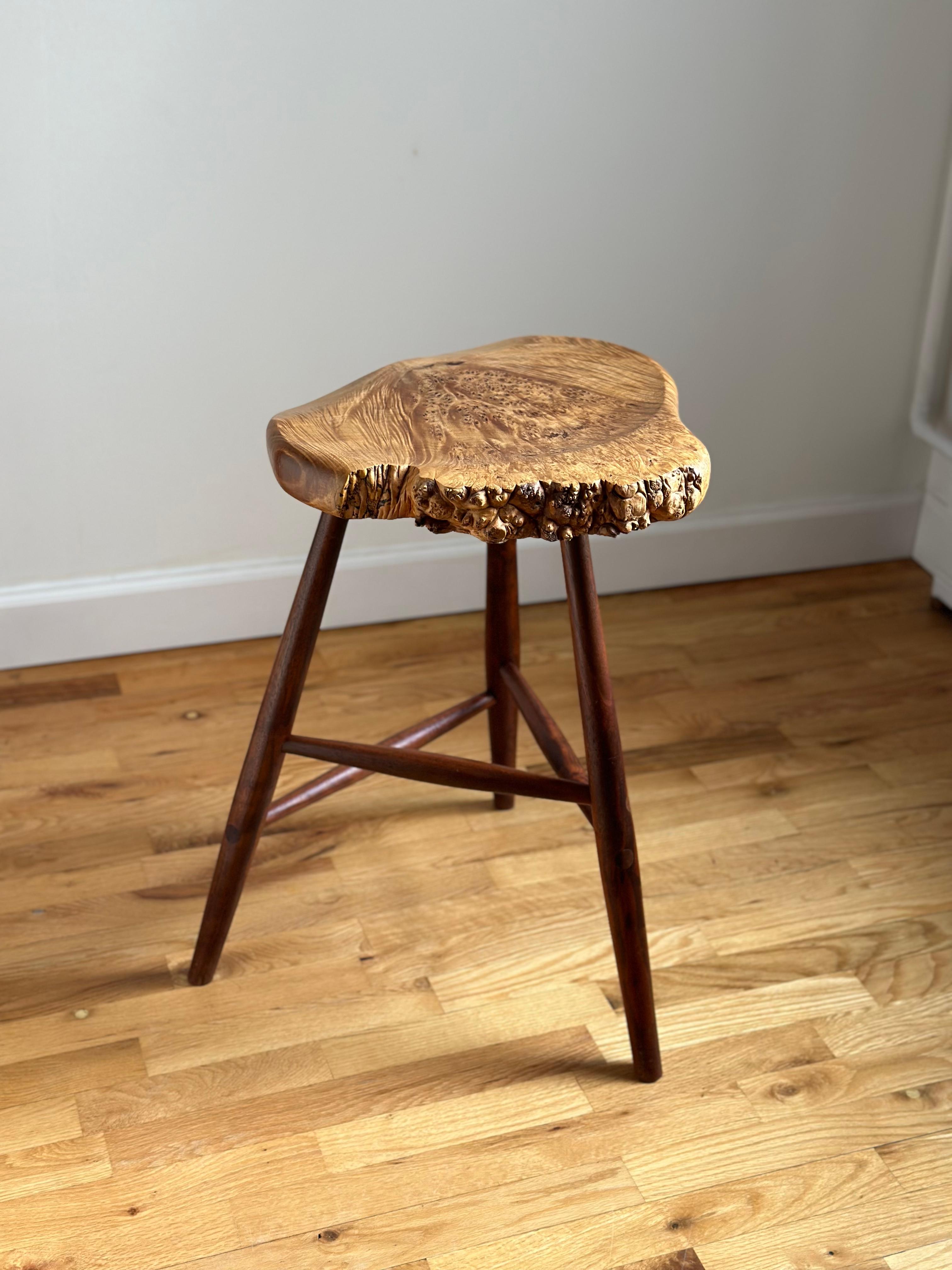20th Century American Studio Live Edge Stool in Walnut and Maple Burl by Michael Elkan For Sale