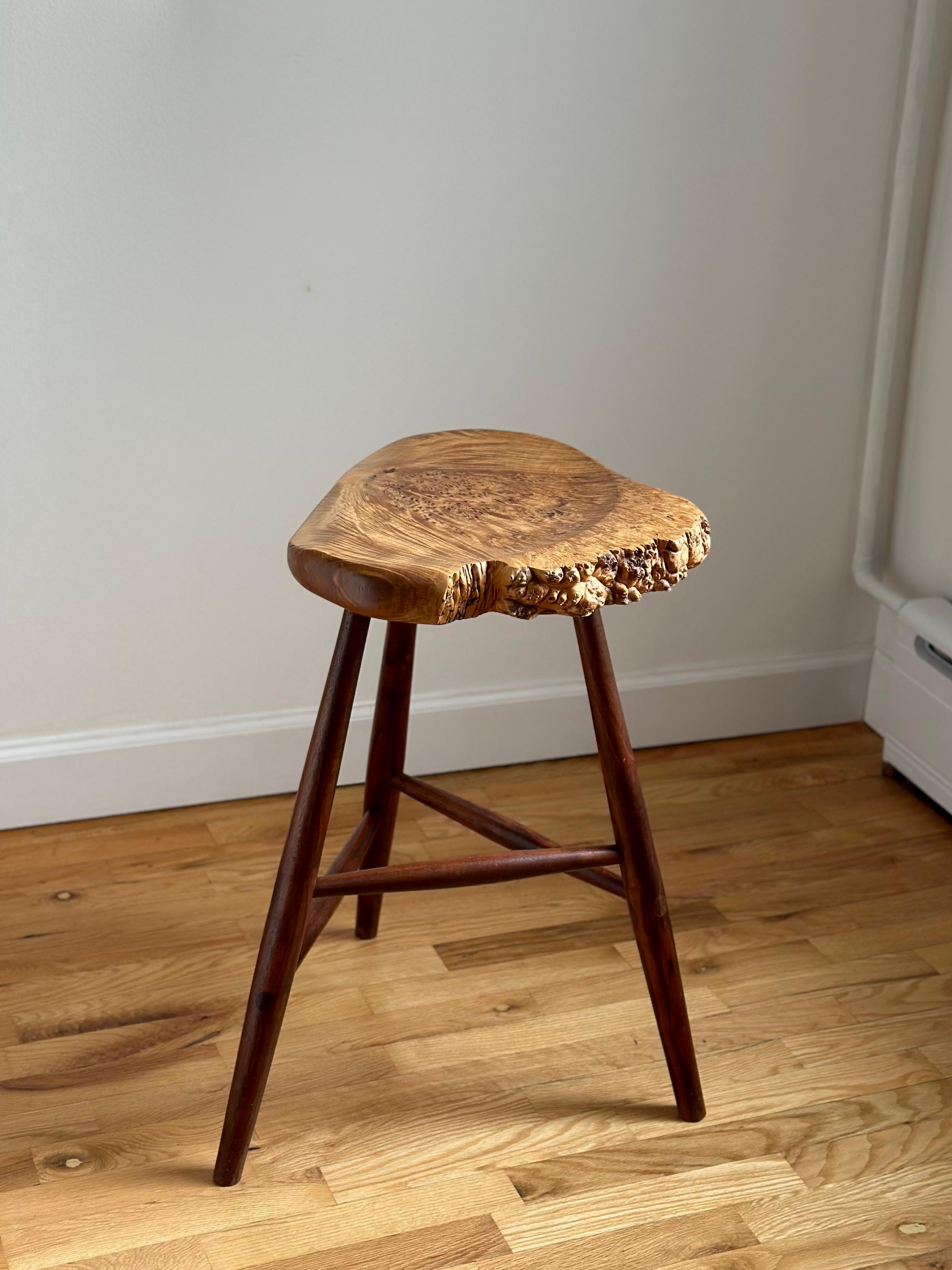 American Studio Live Edge Stool in Walnut and Maple Burl by Michael Elkan For Sale 1