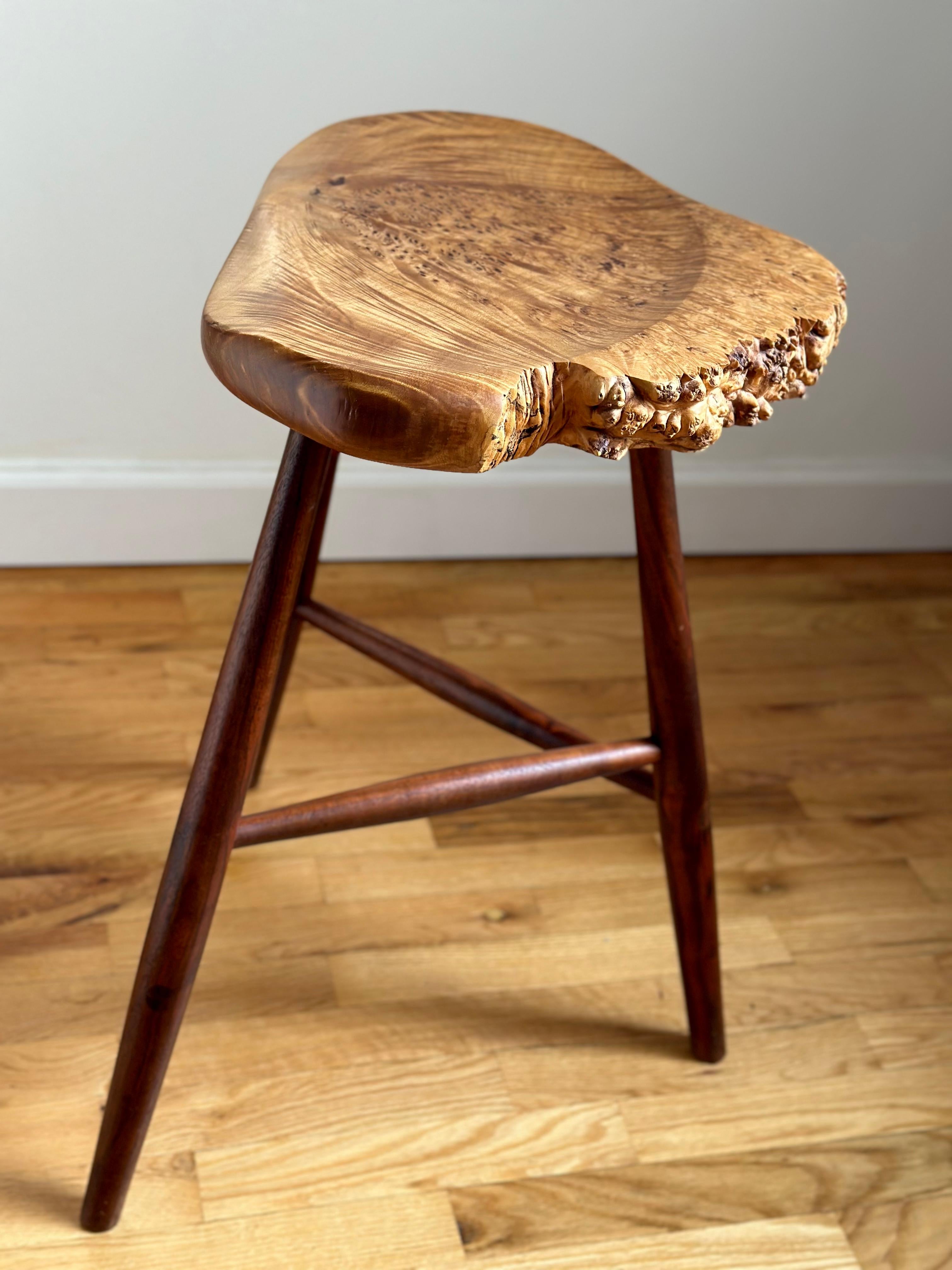 American Studio Live Edge Stool in Walnut and Maple Burl by Michael Elkan For Sale 2