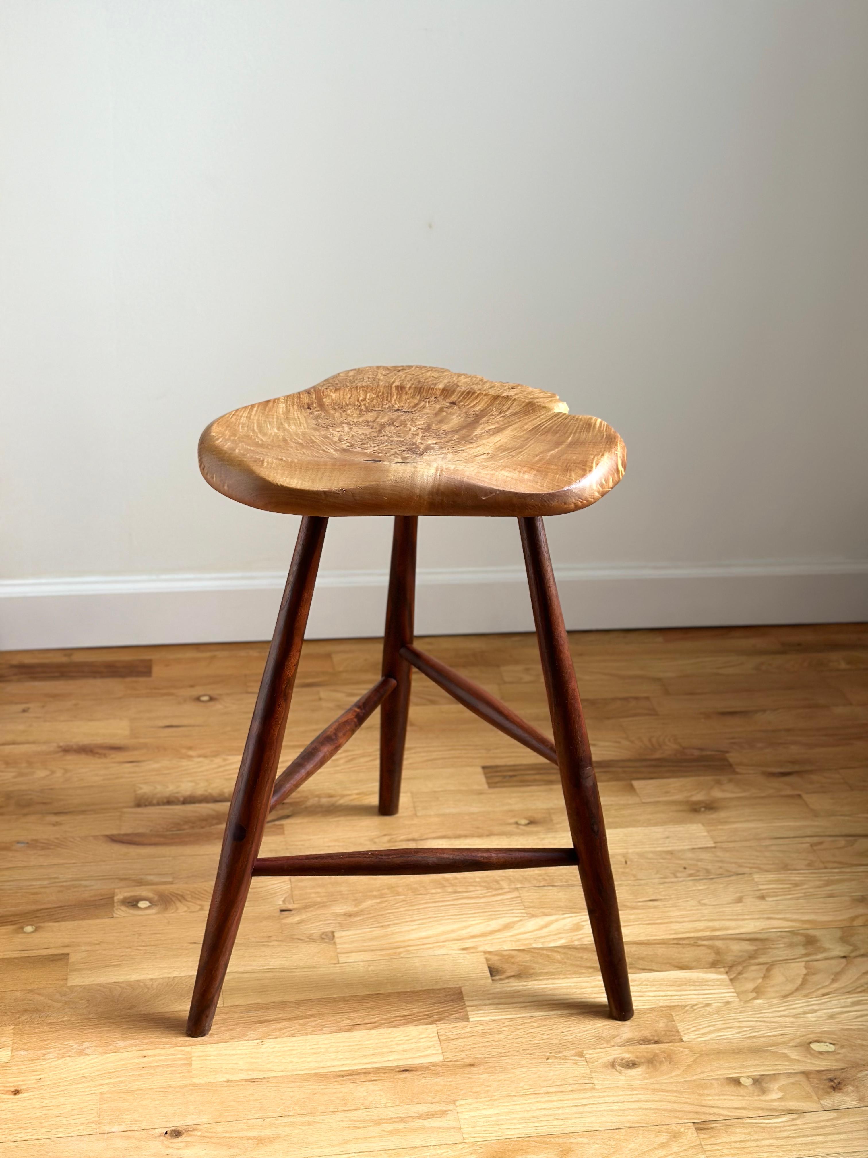 American Studio Live Edge Stool in Walnut and Maple Burl by Michael Elkan For Sale 3